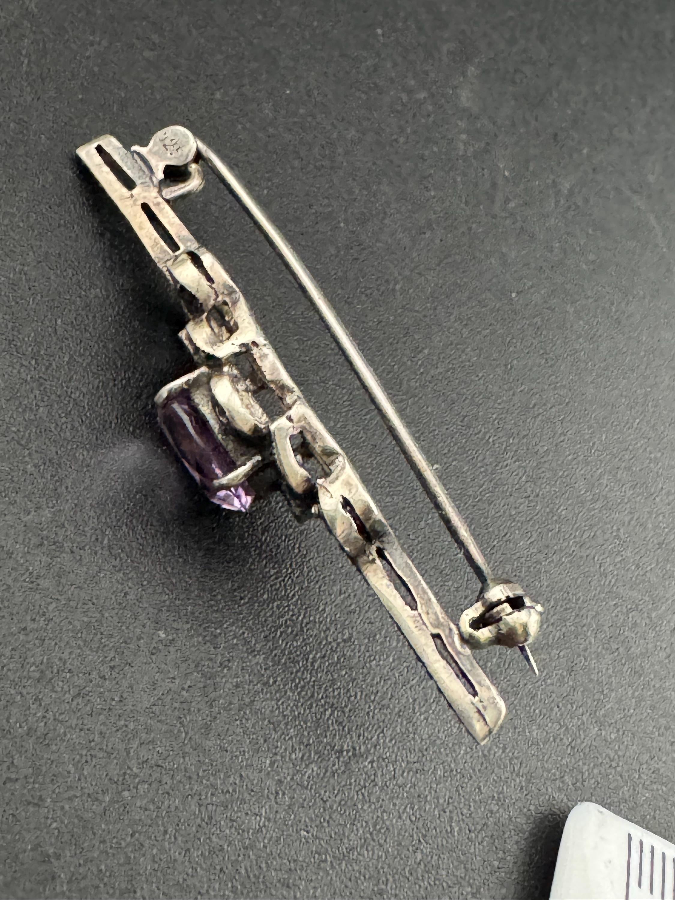 Vintage 925 silver marcasite bar brooch amethyst purple pin edwardian 1920s 1930s style