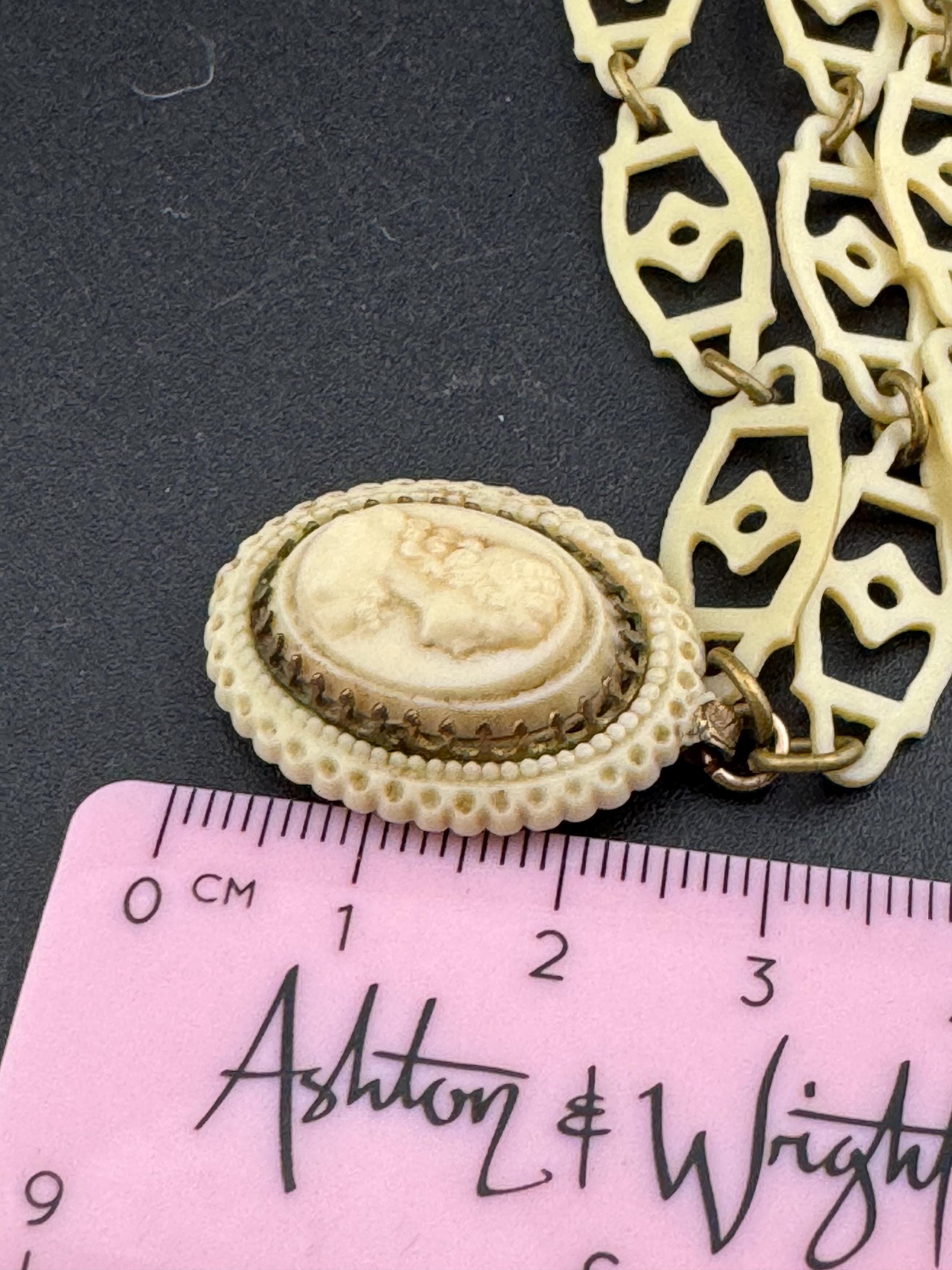 True Art Deco cameo lady pendant necklace cream thin celluloid early plastic cut out floral motif 56cm