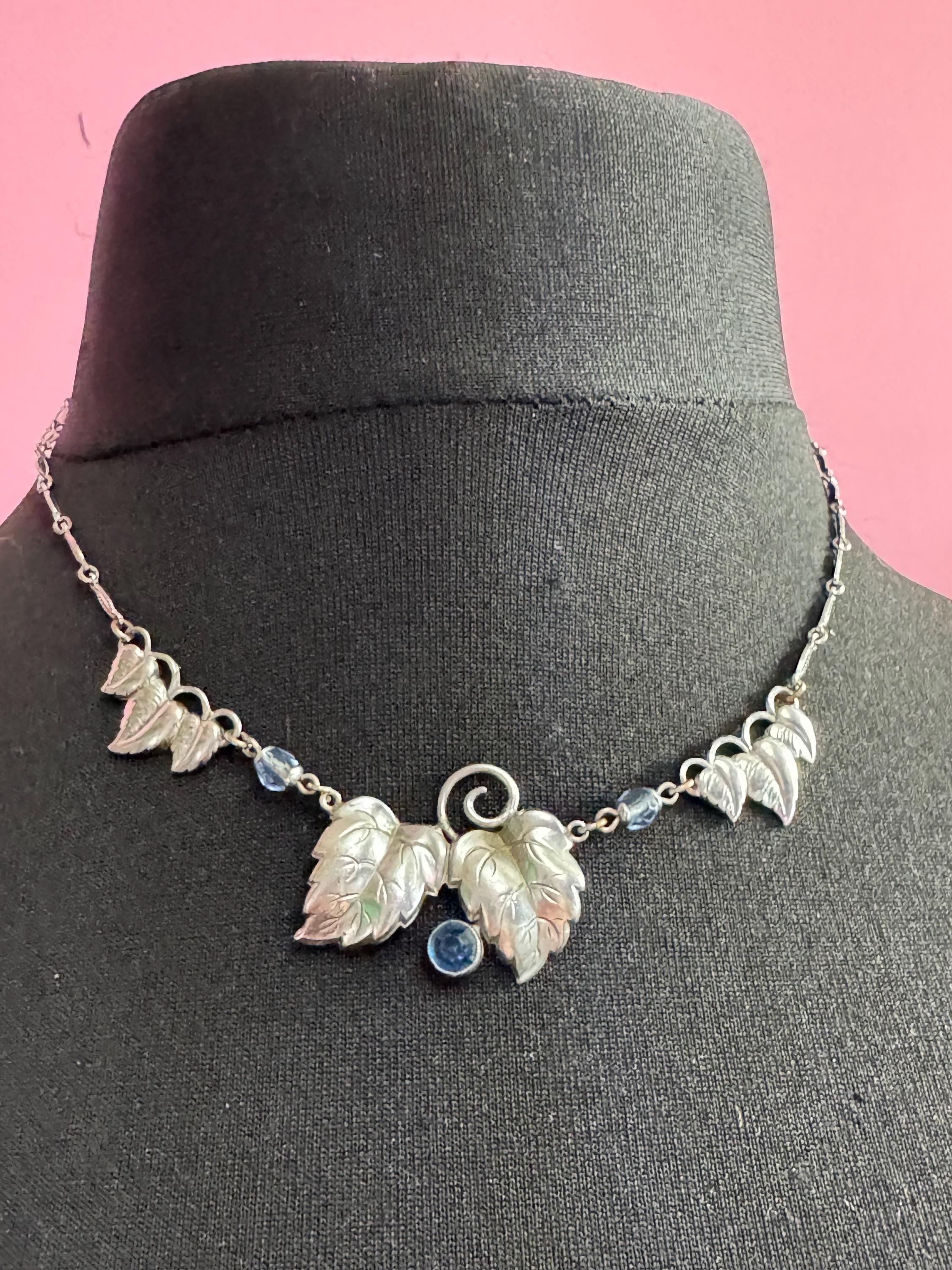 SPEIDEL style Vintage art deco silver Chrome Cherry necklace blue central paste necklace 1950s