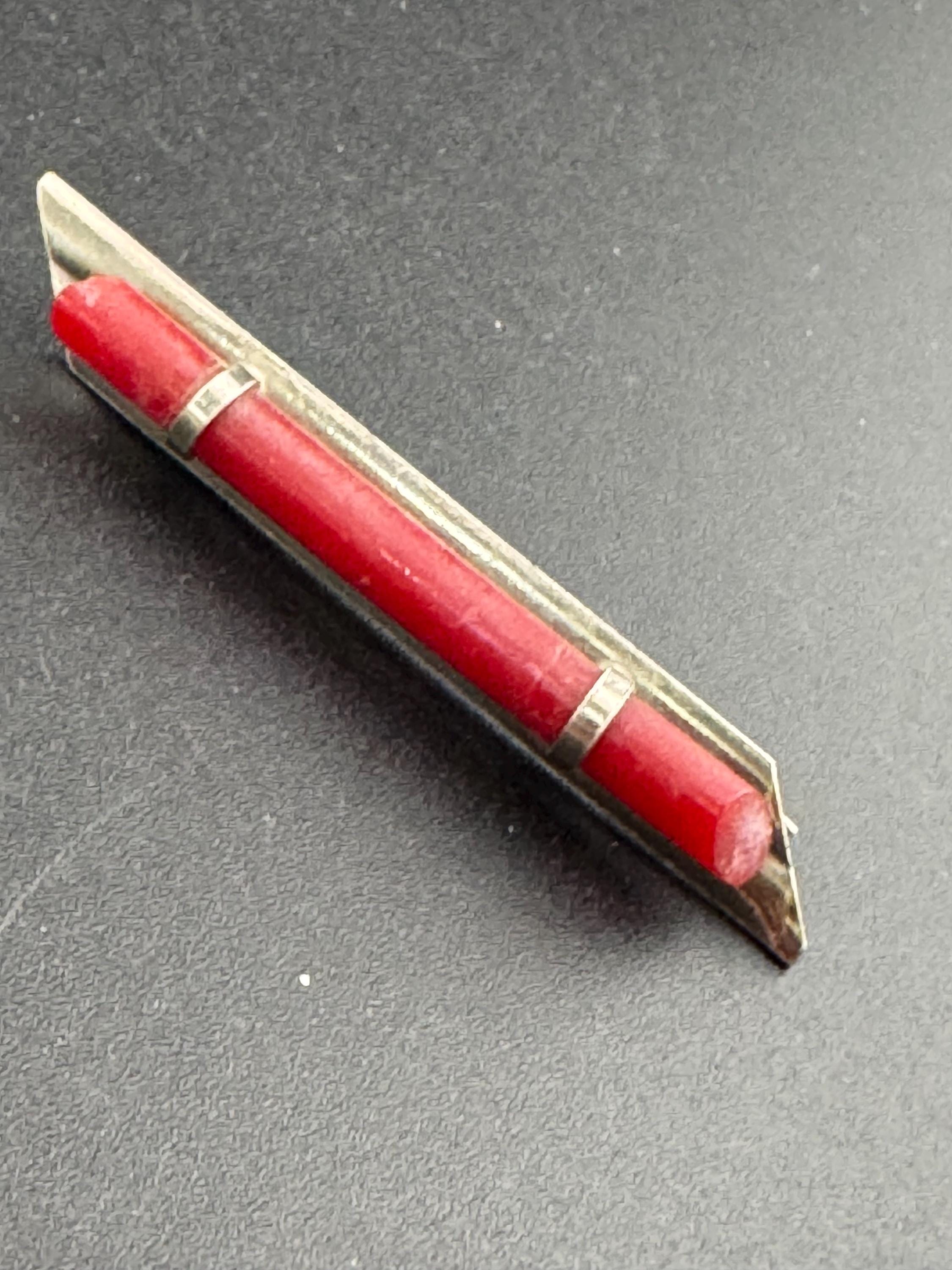 Vintage Stylish Red early plastic chrome silver modernist mid century art Deco bar brooch 1920s
