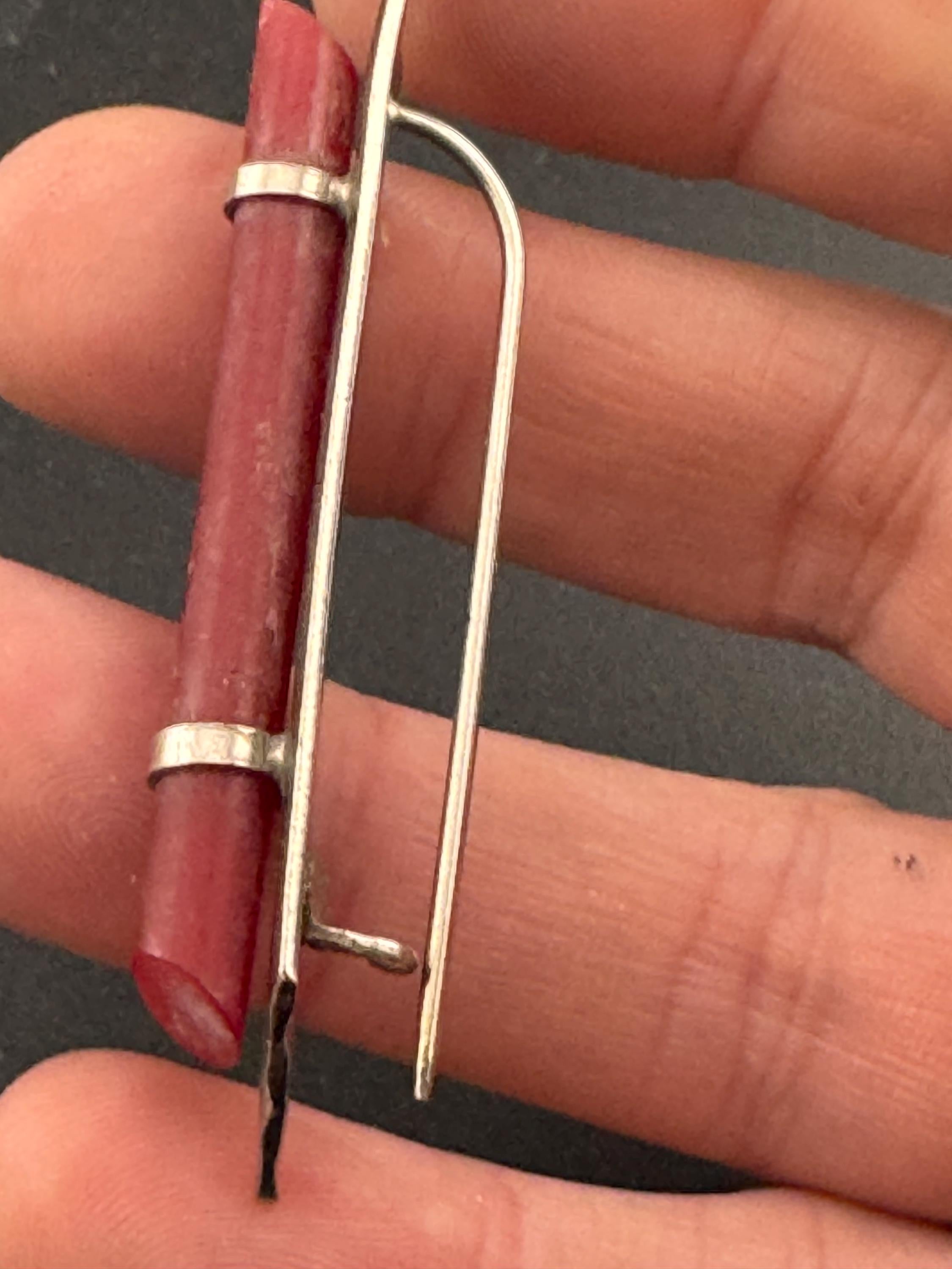 Vintage Stylish Red early plastic chrome silver modernist mid century art Deco bar brooch 1920s