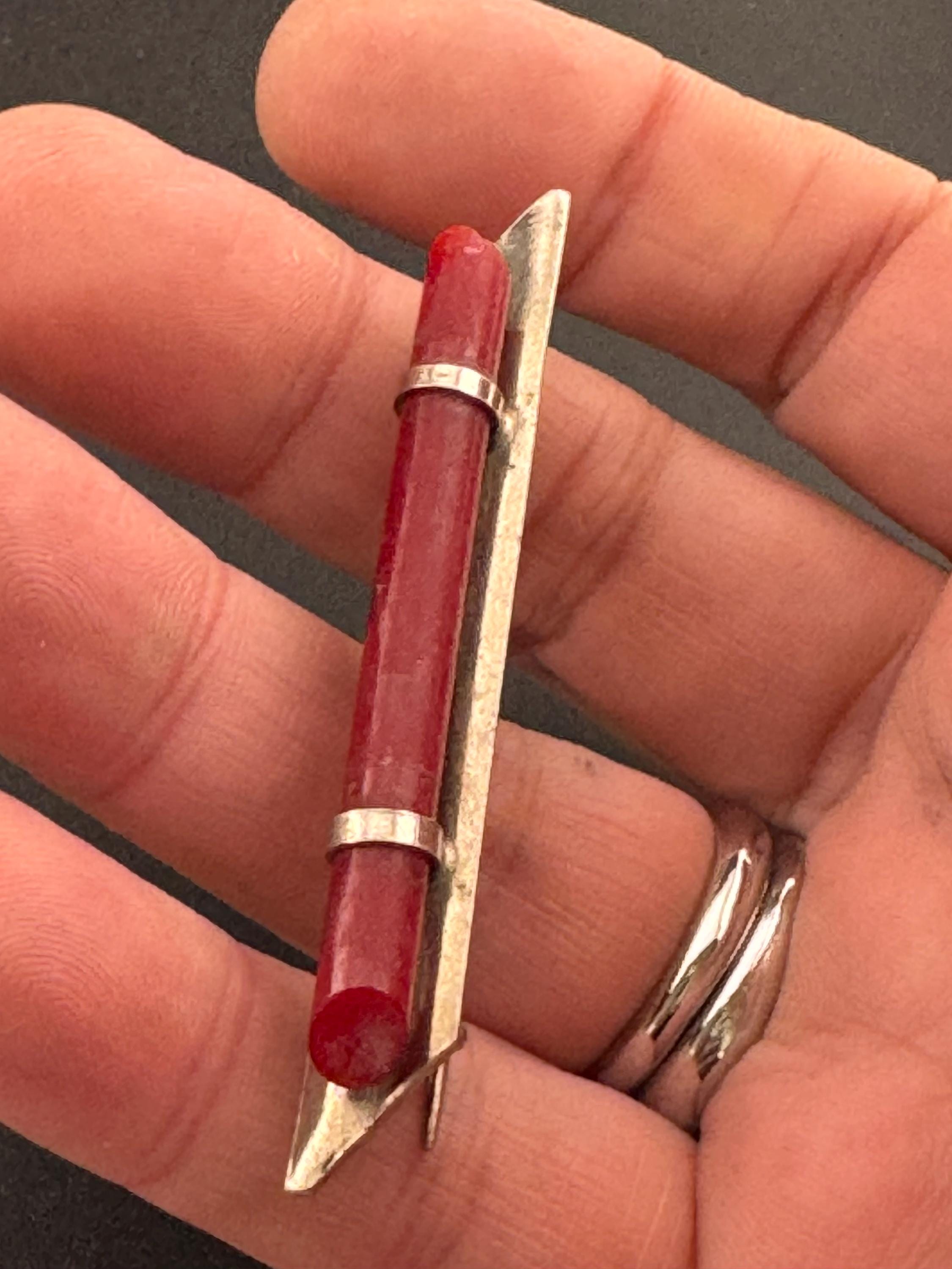 Vintage Stylish Red early plastic chrome silver modernist mid century art Deco bar brooch 1920s