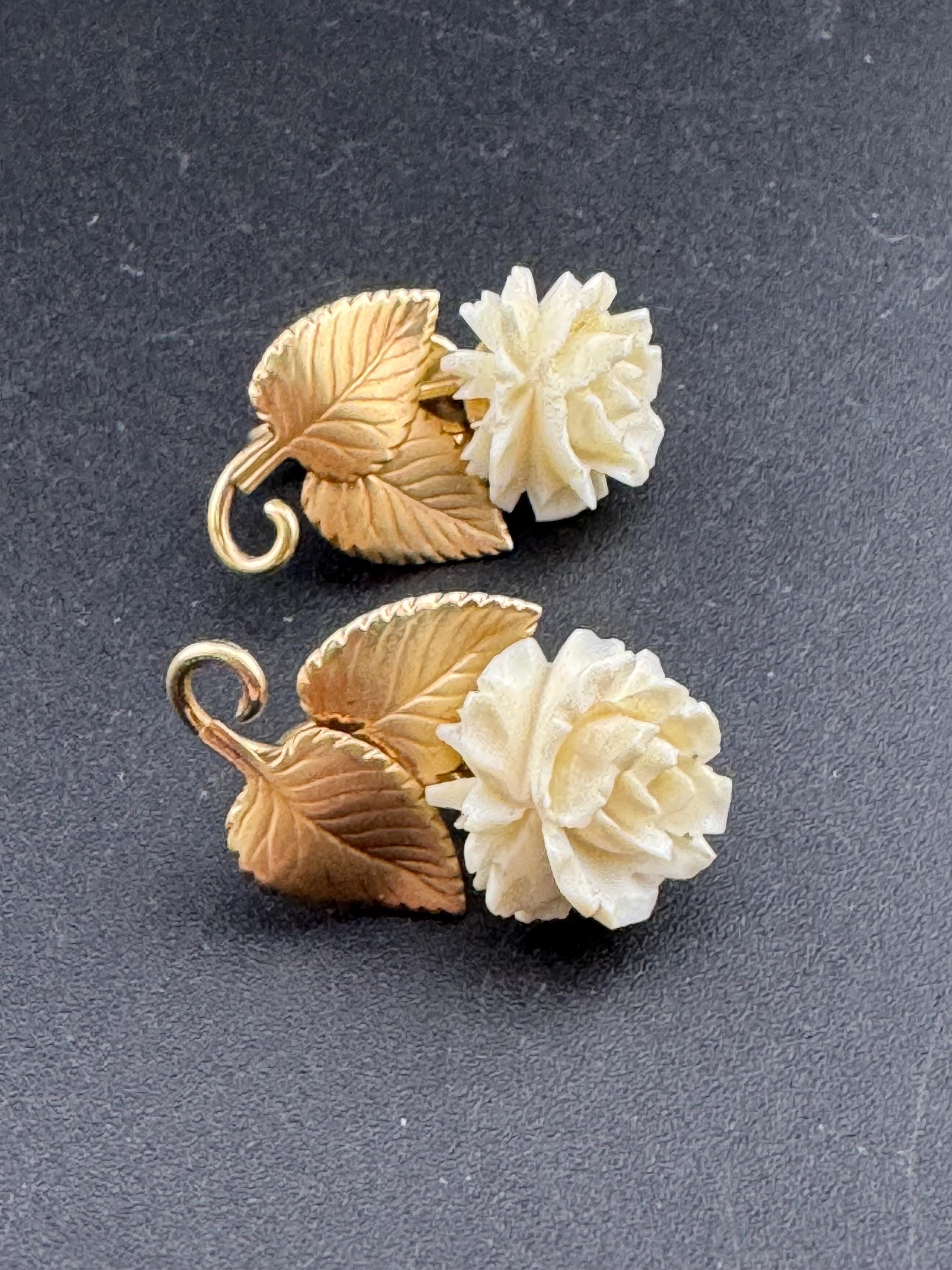 Vintage cream Carved celluloid rose clip on earrings