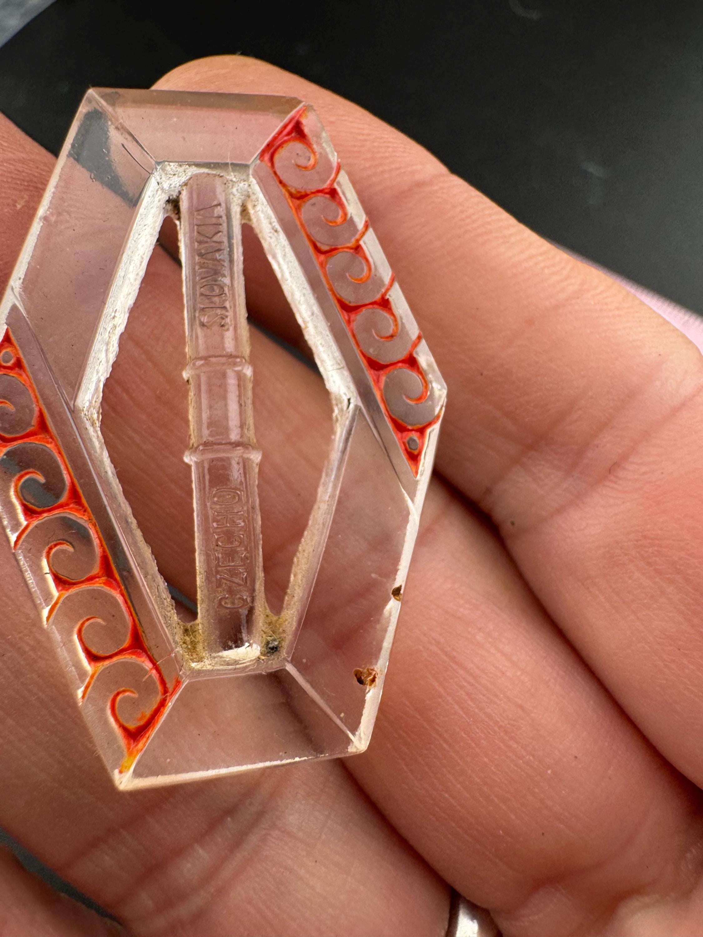 Czech clear and red pressed Glass vintage Antique belt buckle Haberdashery Sewing dressmaking
