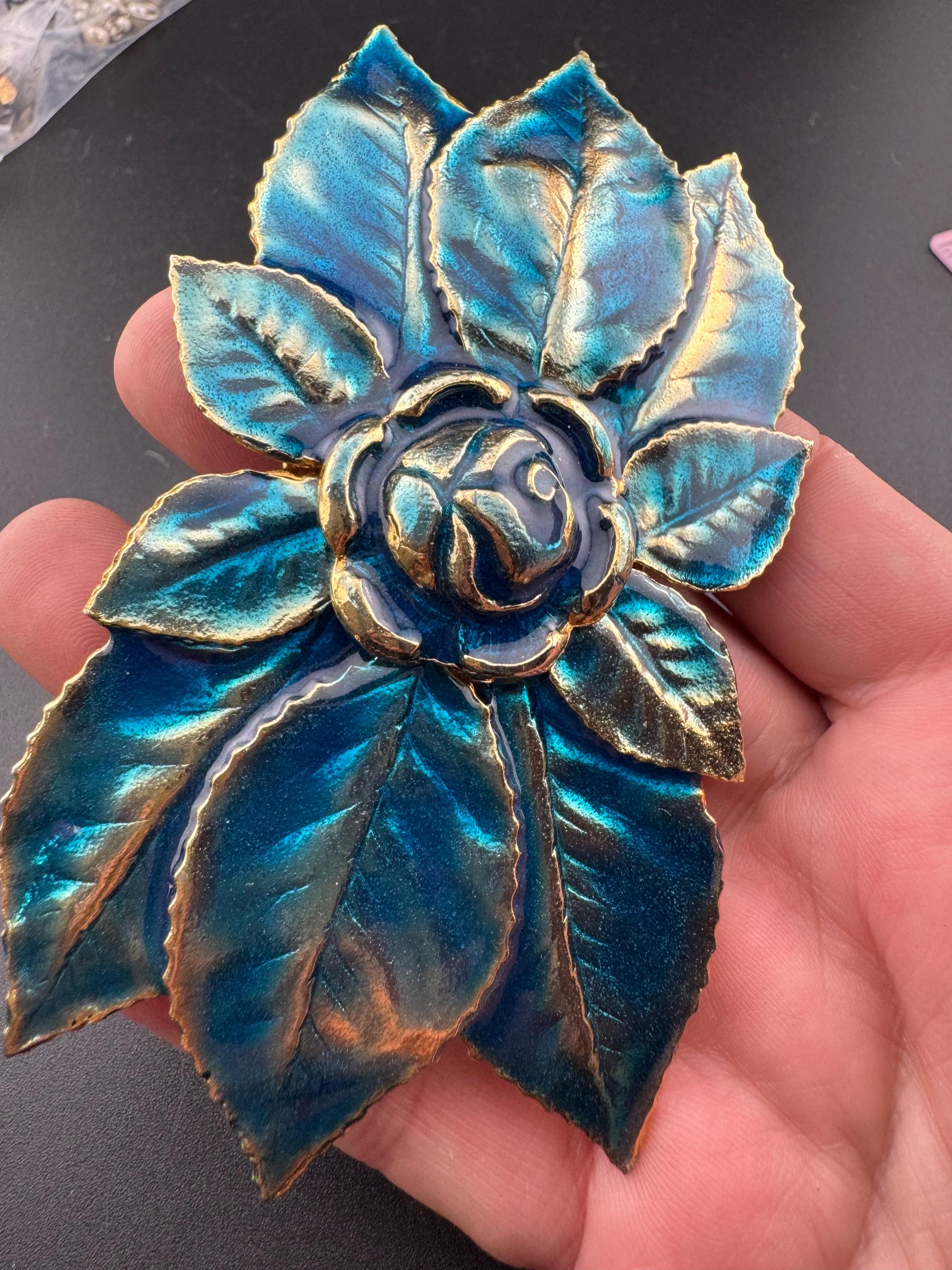 XL oversized Vintage Brass Filigree 2 part Duo enamel Belt Buckle Clip teal blue enamel with floral rose design dressmaking haute couture