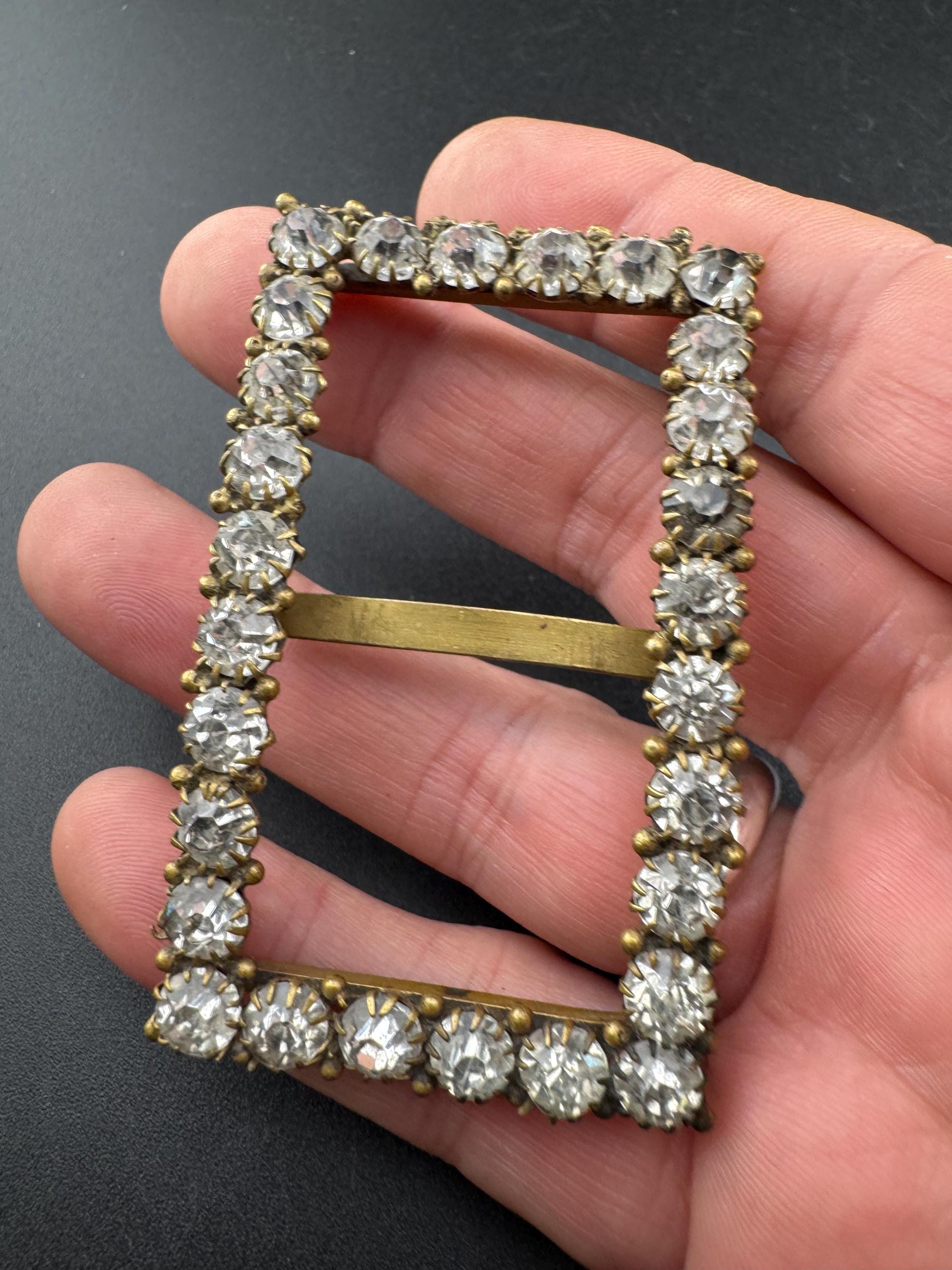 Rectangular large Antique Victorian Rhinestone Glass Paste slider belt Buckle Adornment