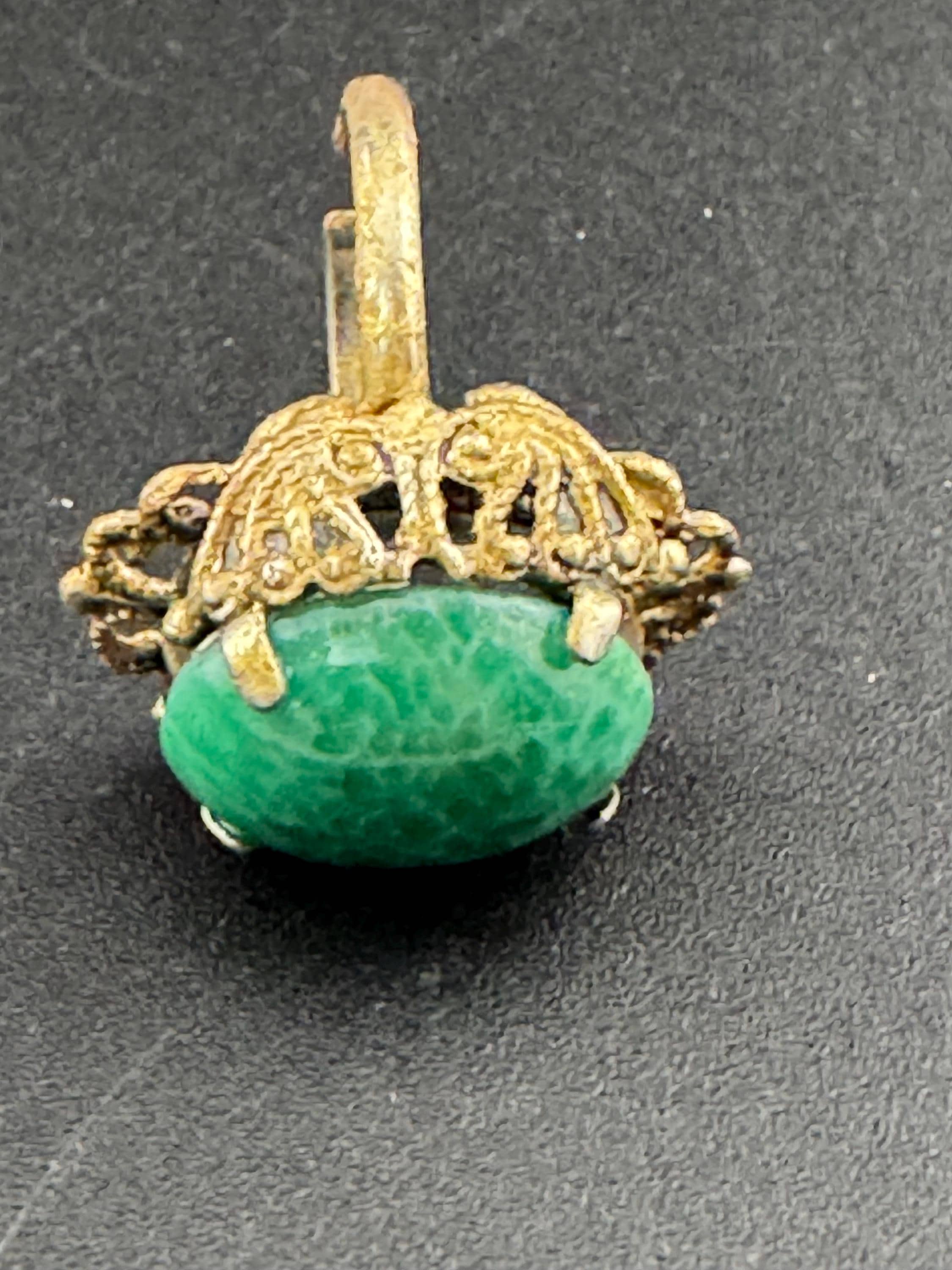 antique art deco Czech Peking glass green cabochon dress ring, adjustable gilt metal , bohemian