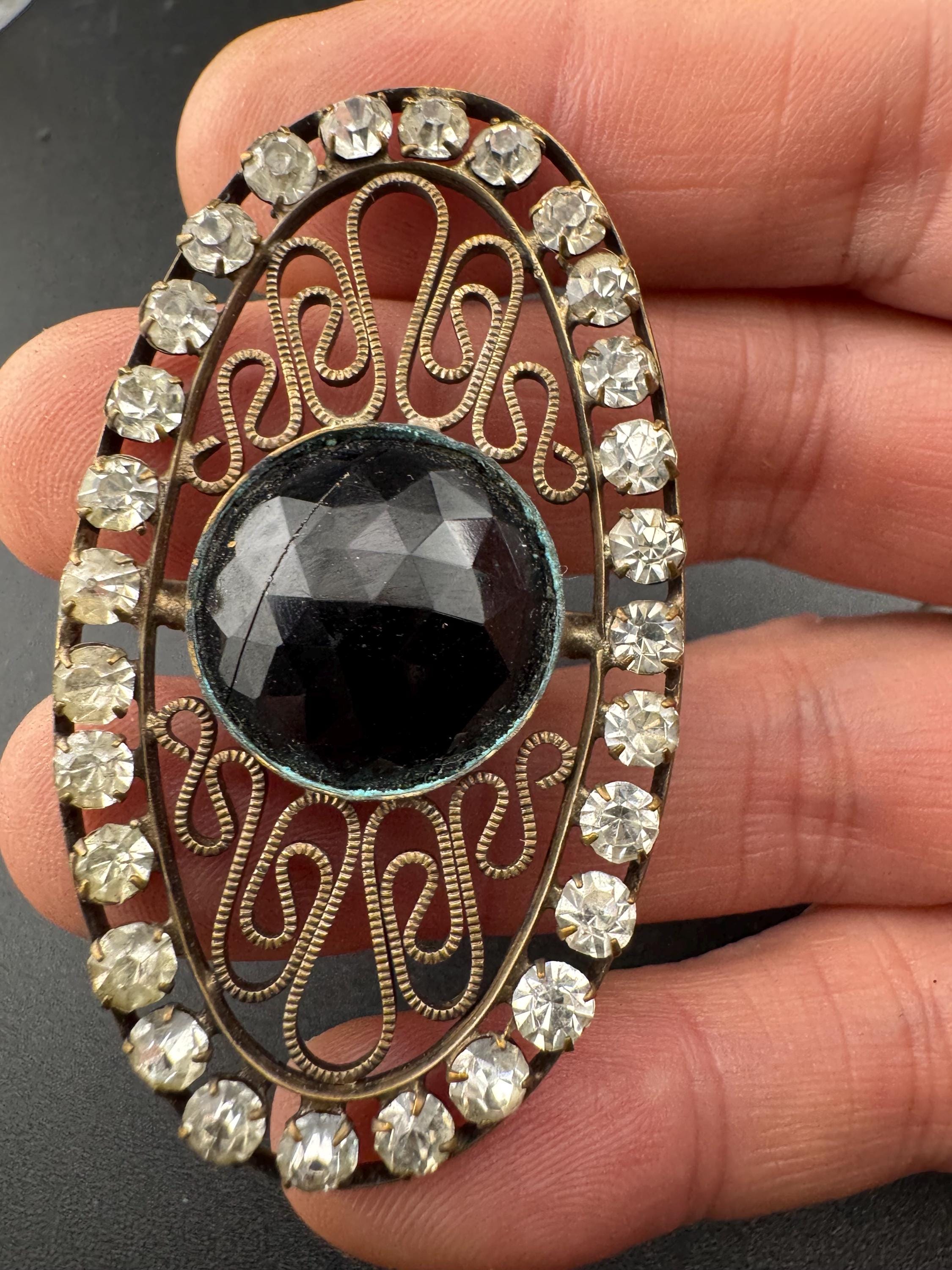 Art deco Antique black faceted Glass cabochon clear rhinestone geometric slider belt Buckle Adornment