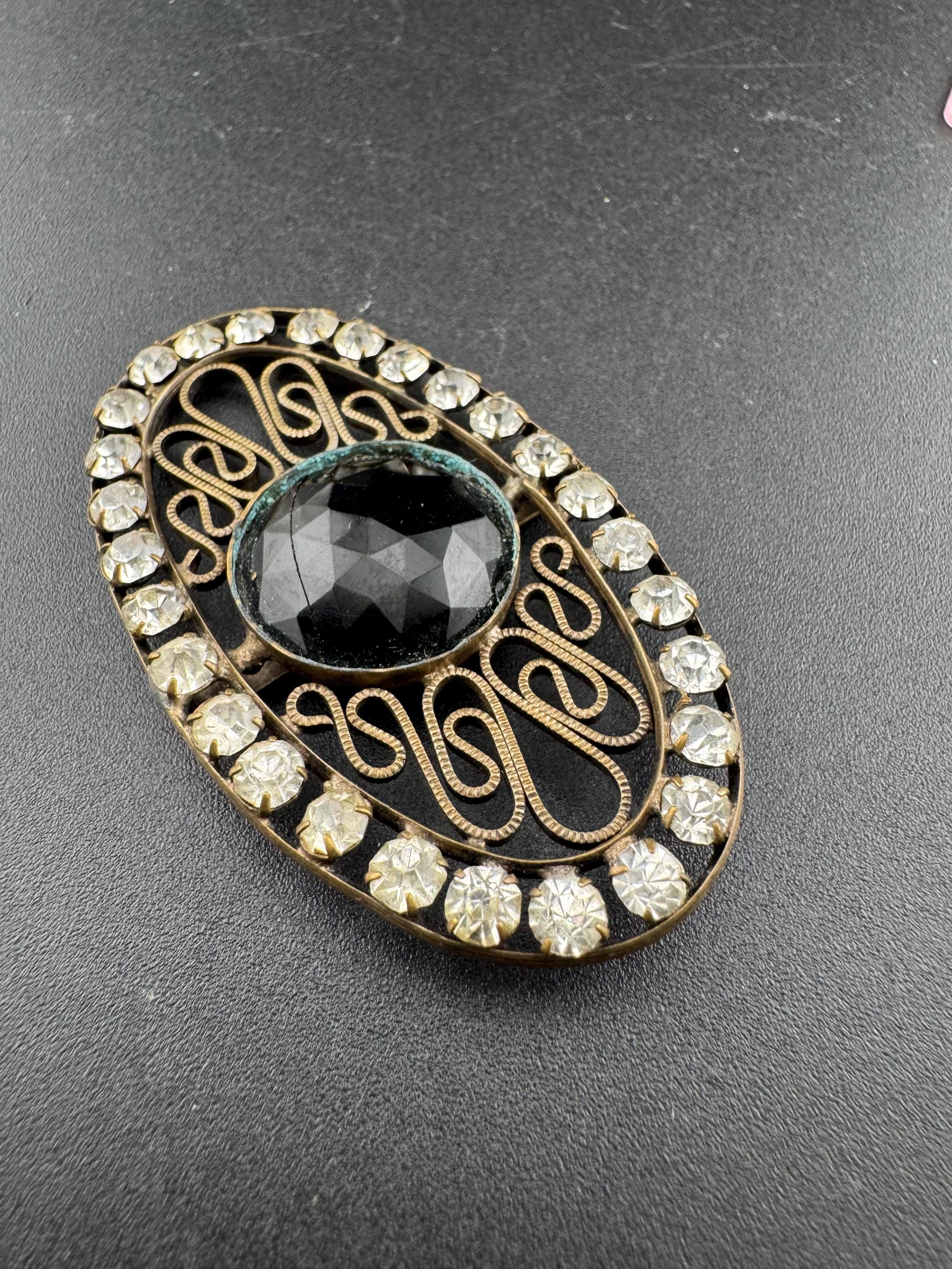 Art deco Antique black faceted Glass cabochon clear rhinestone geometric slider belt Buckle Adornment