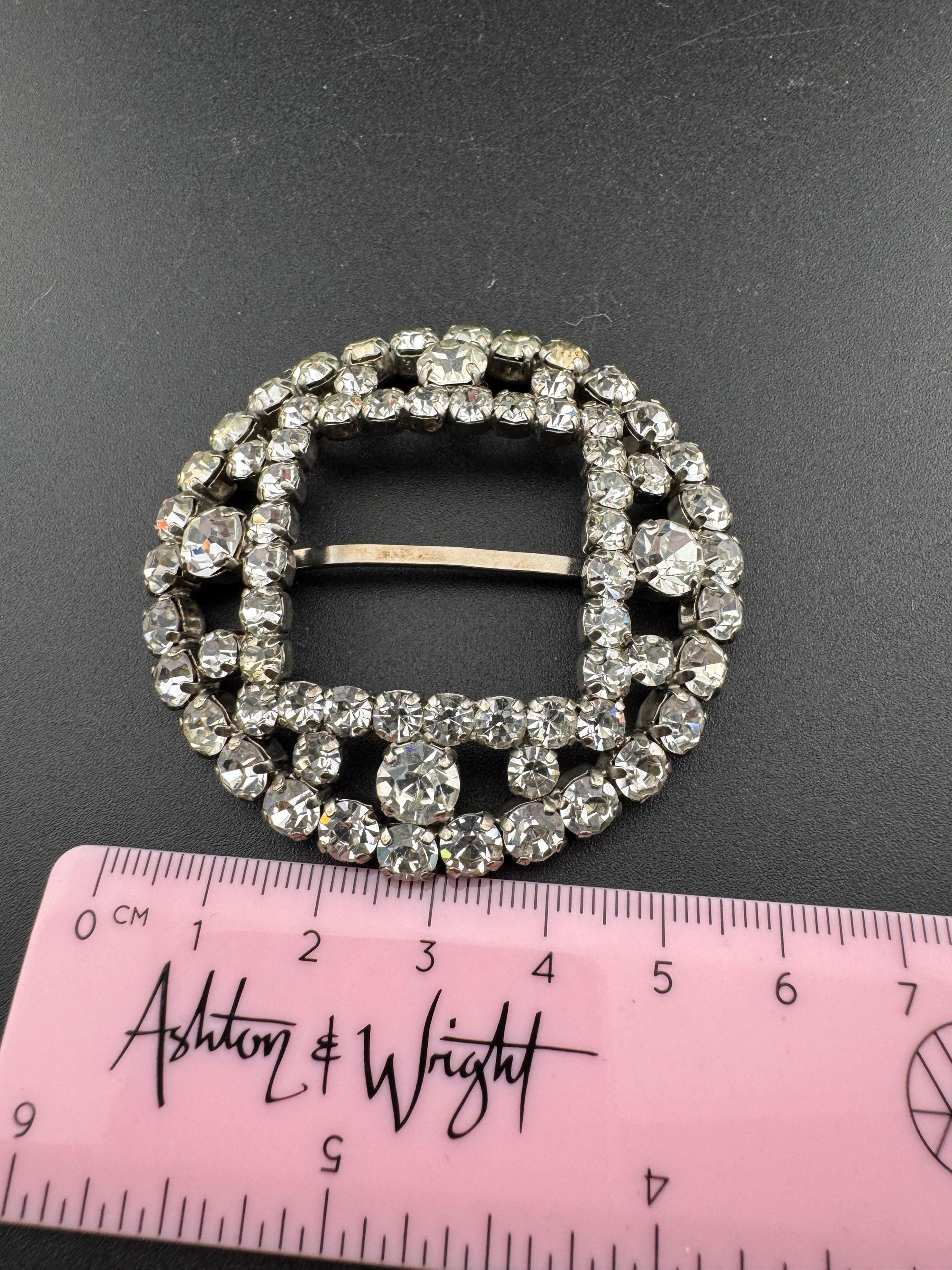 vintage large round silver tone prong set Clear Glass Diamanté  domed slider Belt Buckle paste rhinestone Wedding Sash Adornment