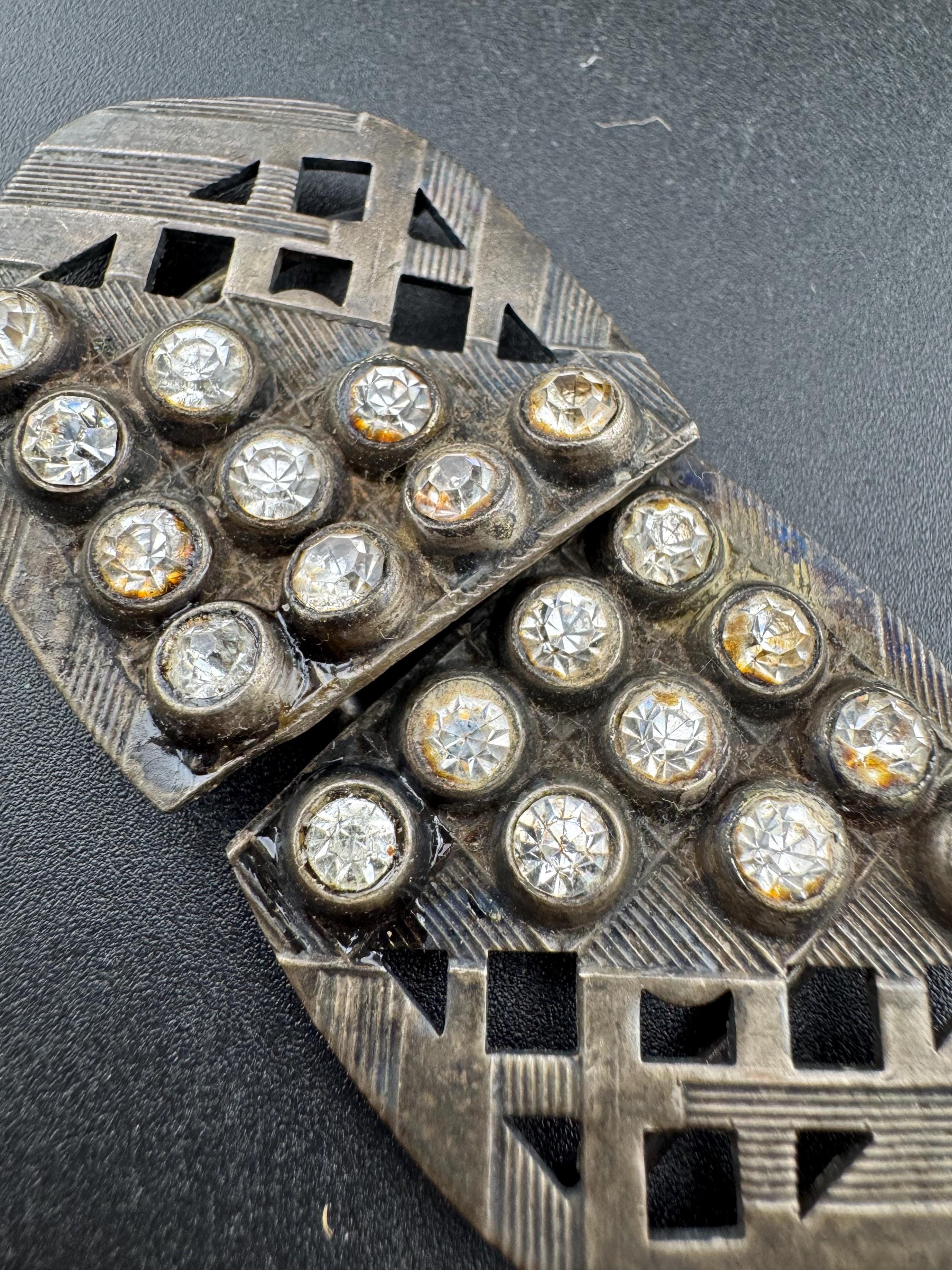 2 part diamanté art deco gold metal belt buckle antique rhinestones