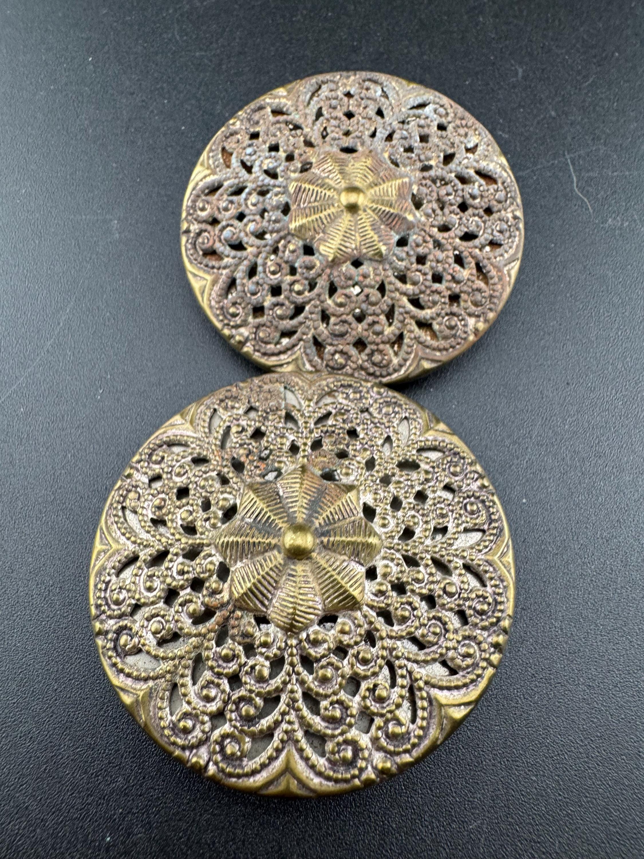2 part belt buckle Antique filigree brass work gold tone domed Metal Vintage Belt buckle Dressmaking vintage couture steampunk