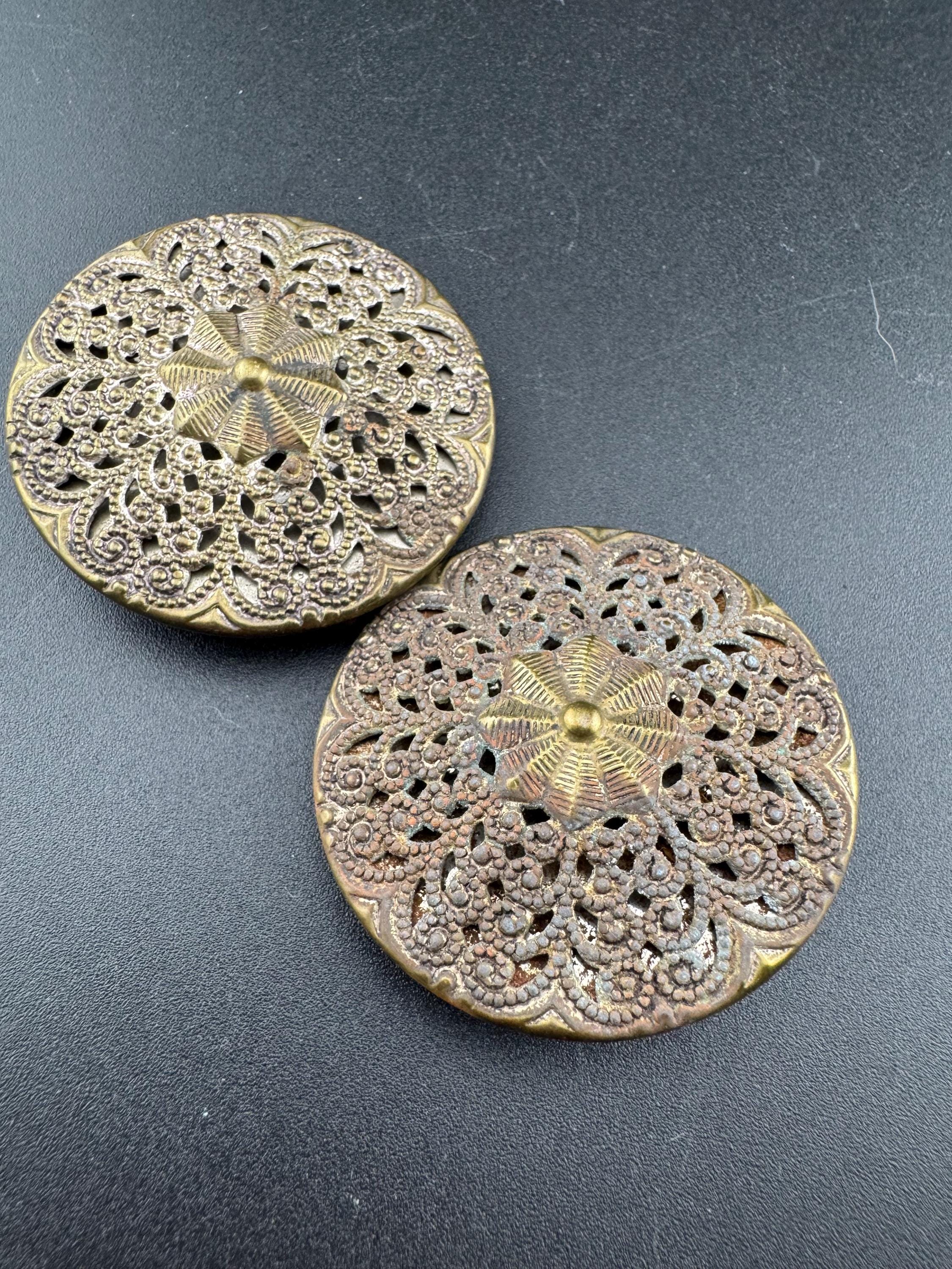 2 part belt buckle Antique filigree brass work gold tone domed Metal Vintage Belt buckle Dressmaking vintage couture steampunk