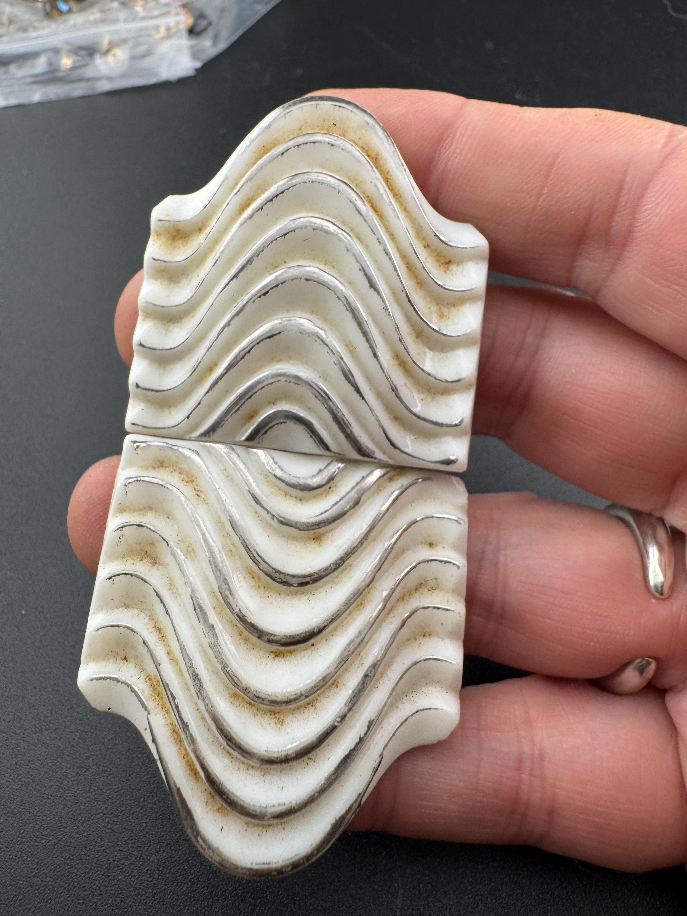 Antique 2 part Czech white and silver wavy ribbed stylish Glass Belt Buckle art deco