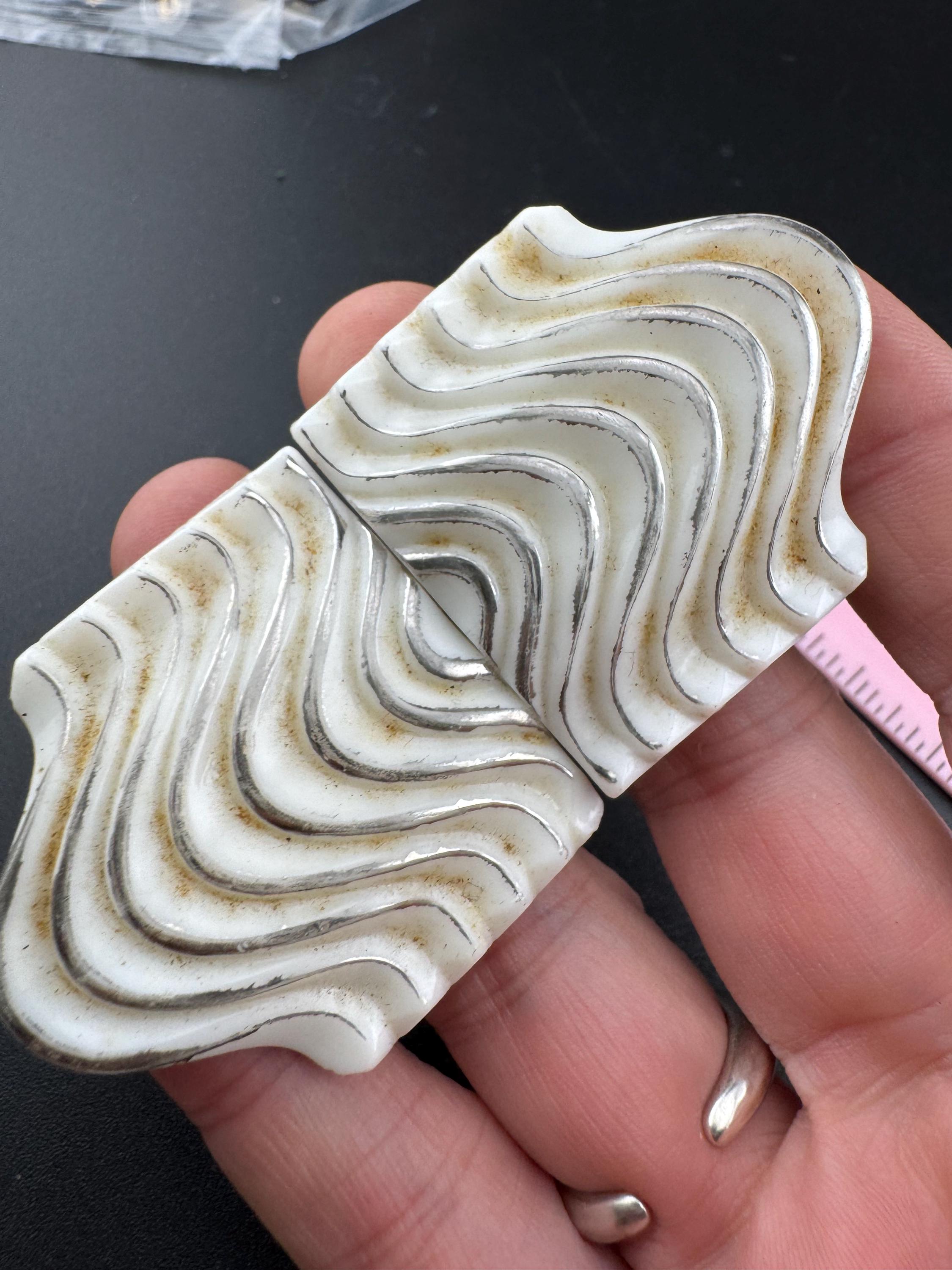 Antique 2 part Czech white and silver wavy ribbed stylish Glass Belt Buckle art deco