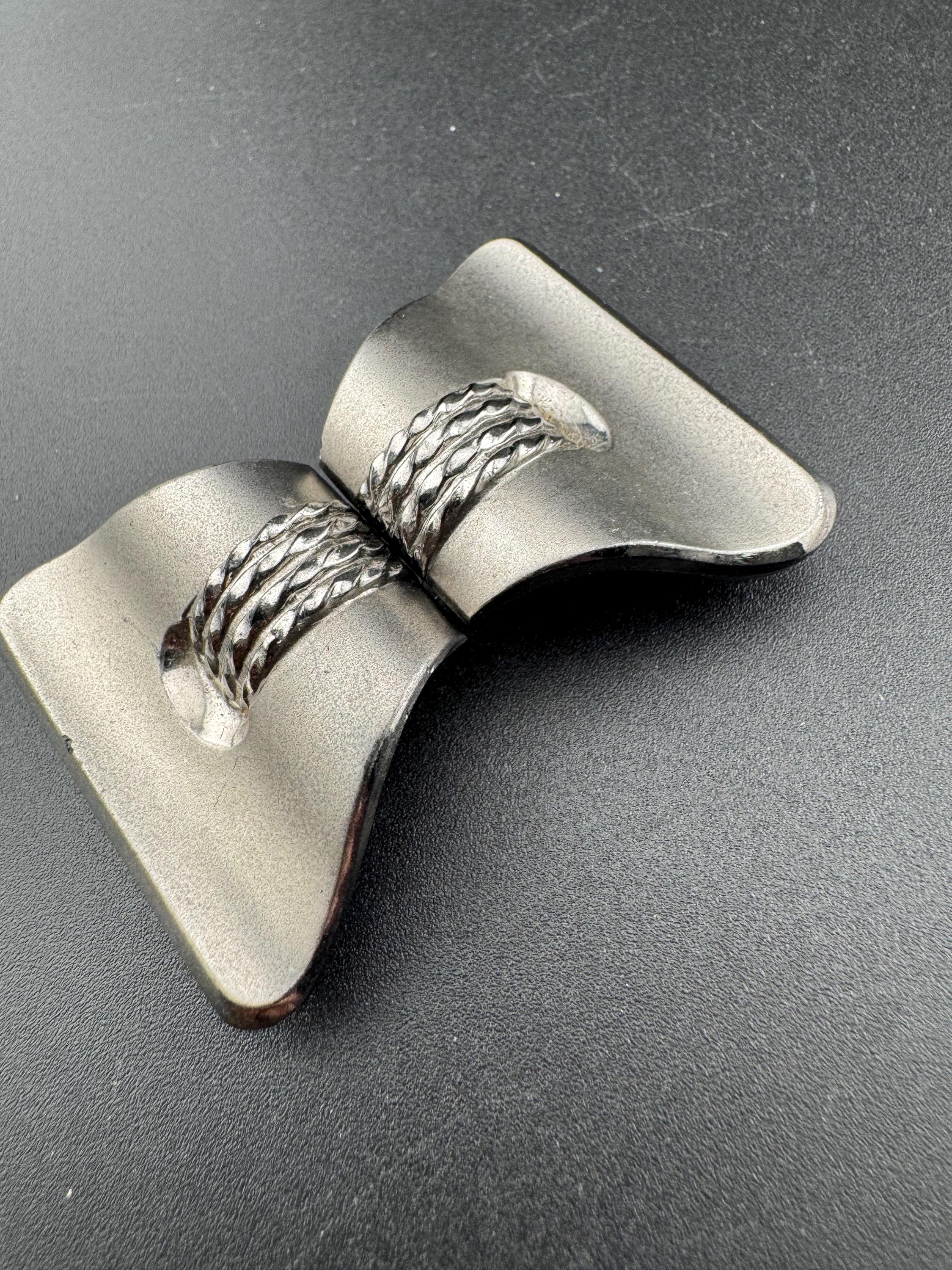 Antique 2 part Czech silver and steely grey glass stylish pressed bow belt buckle , haberdashery sewing