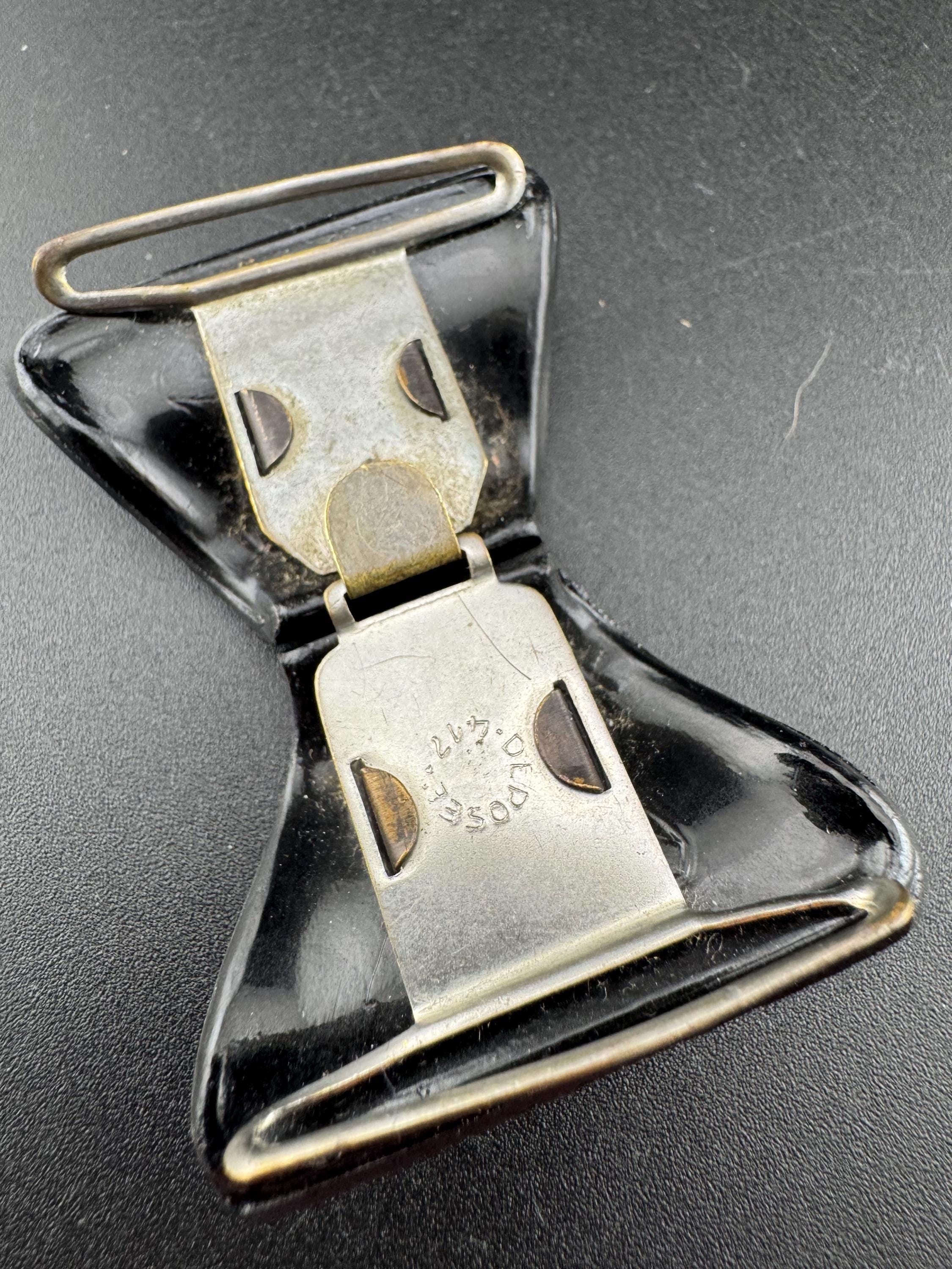 Antique 2 part Czech silver and steely grey glass stylish pressed bow belt buckle , haberdashery sewing