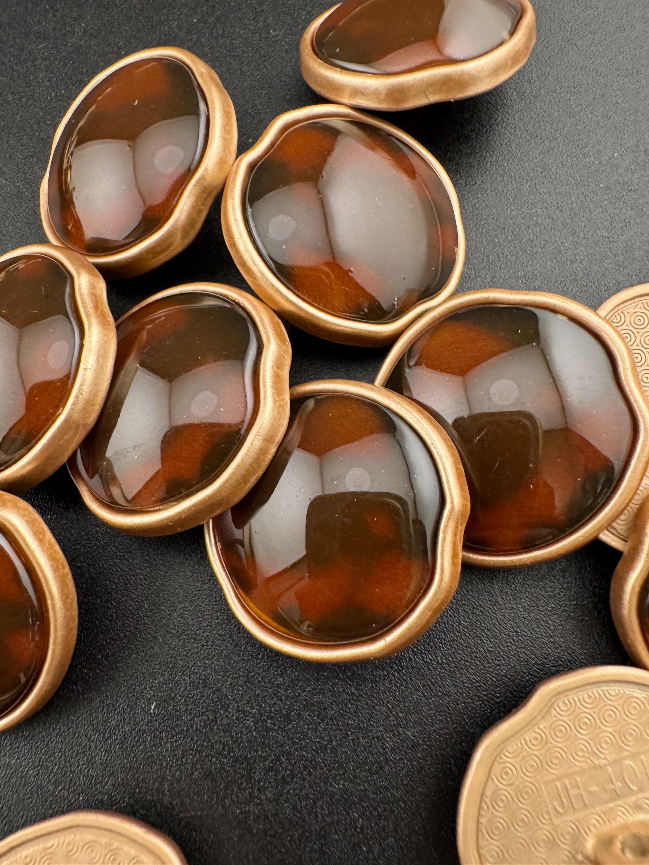 5 Faux Tortoiseshell Buttons: 25mm Brown Acrylic with Gold Shank