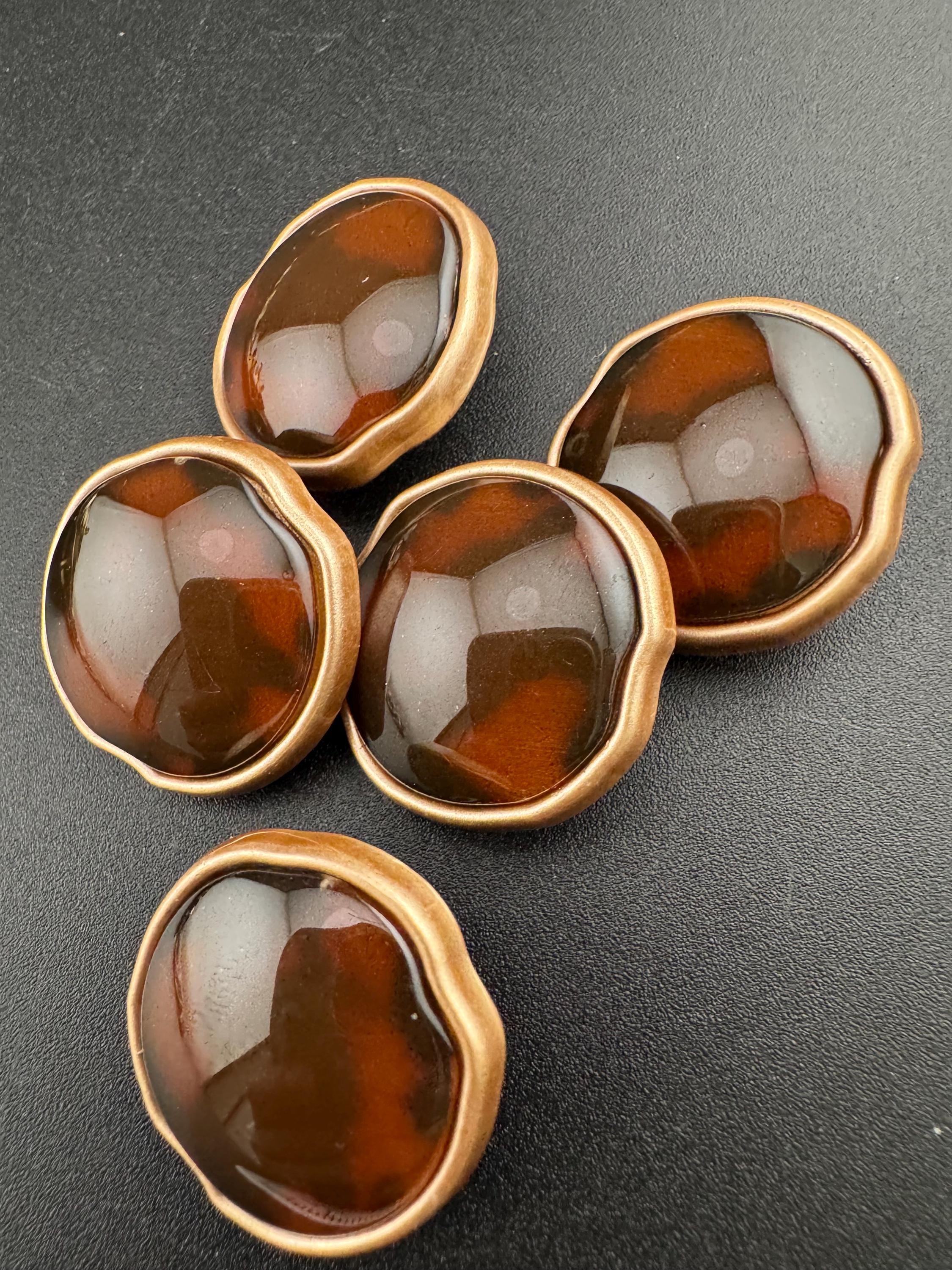5 Faux Tortoiseshell Buttons: 25mm Brown Acrylic with Gold Shank
