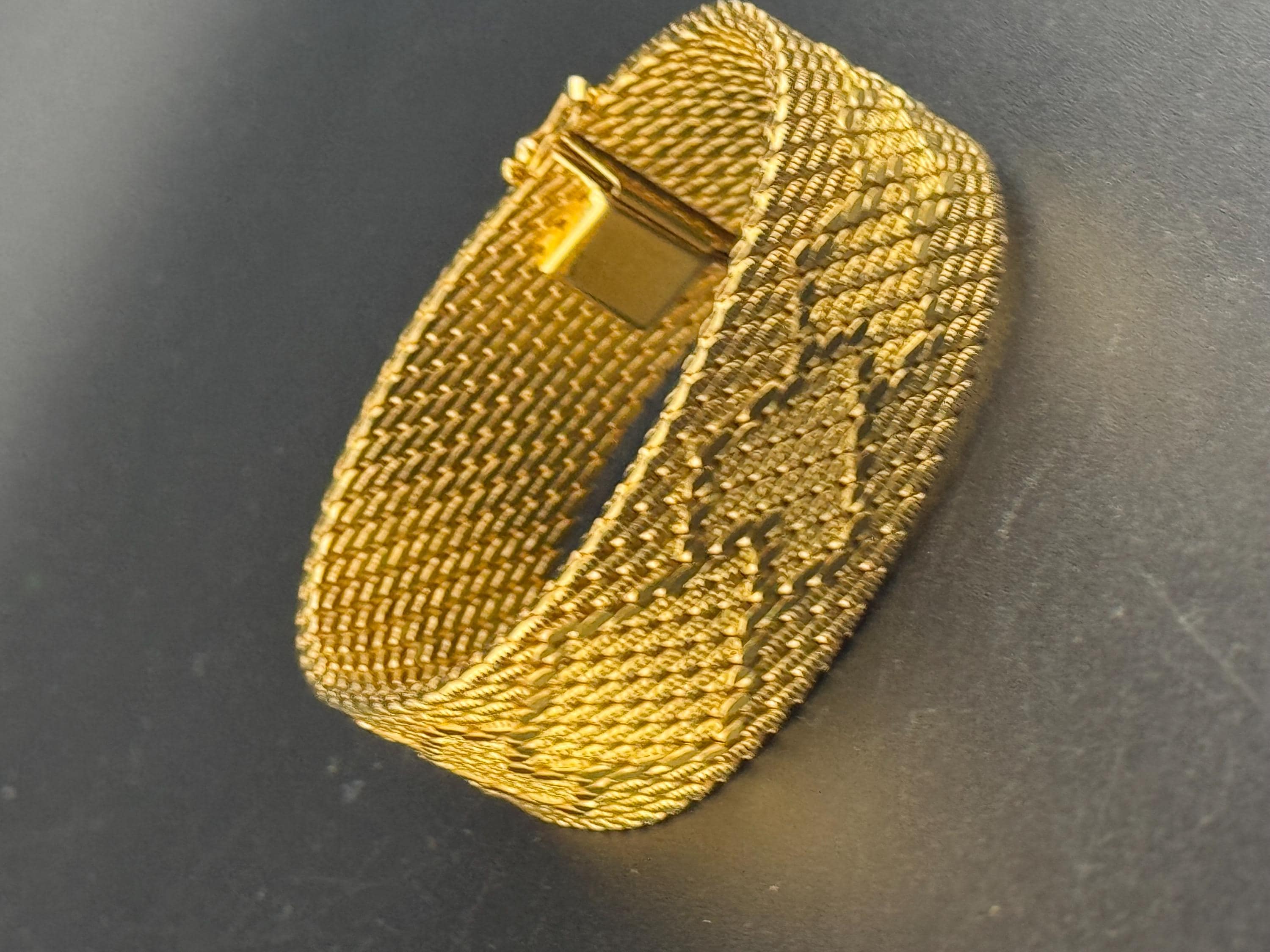Signed CAL 1970s brutalist style gold plated woven gold tone flat weave cuff wrap bracelet 19cm x 21mm