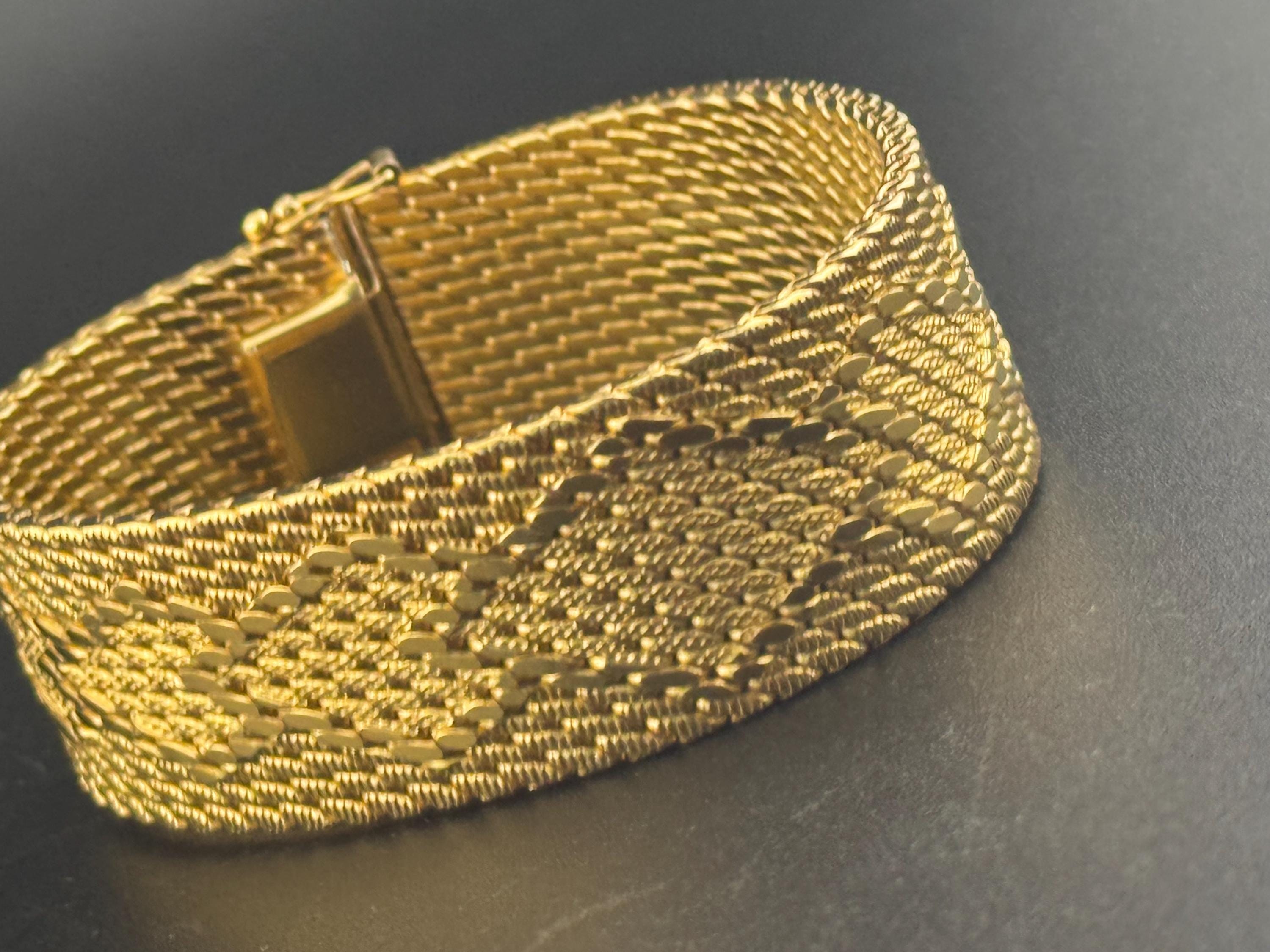 Signed CAL 1970s brutalist style gold plated woven gold tone flat weave cuff wrap bracelet 19cm x 21mm