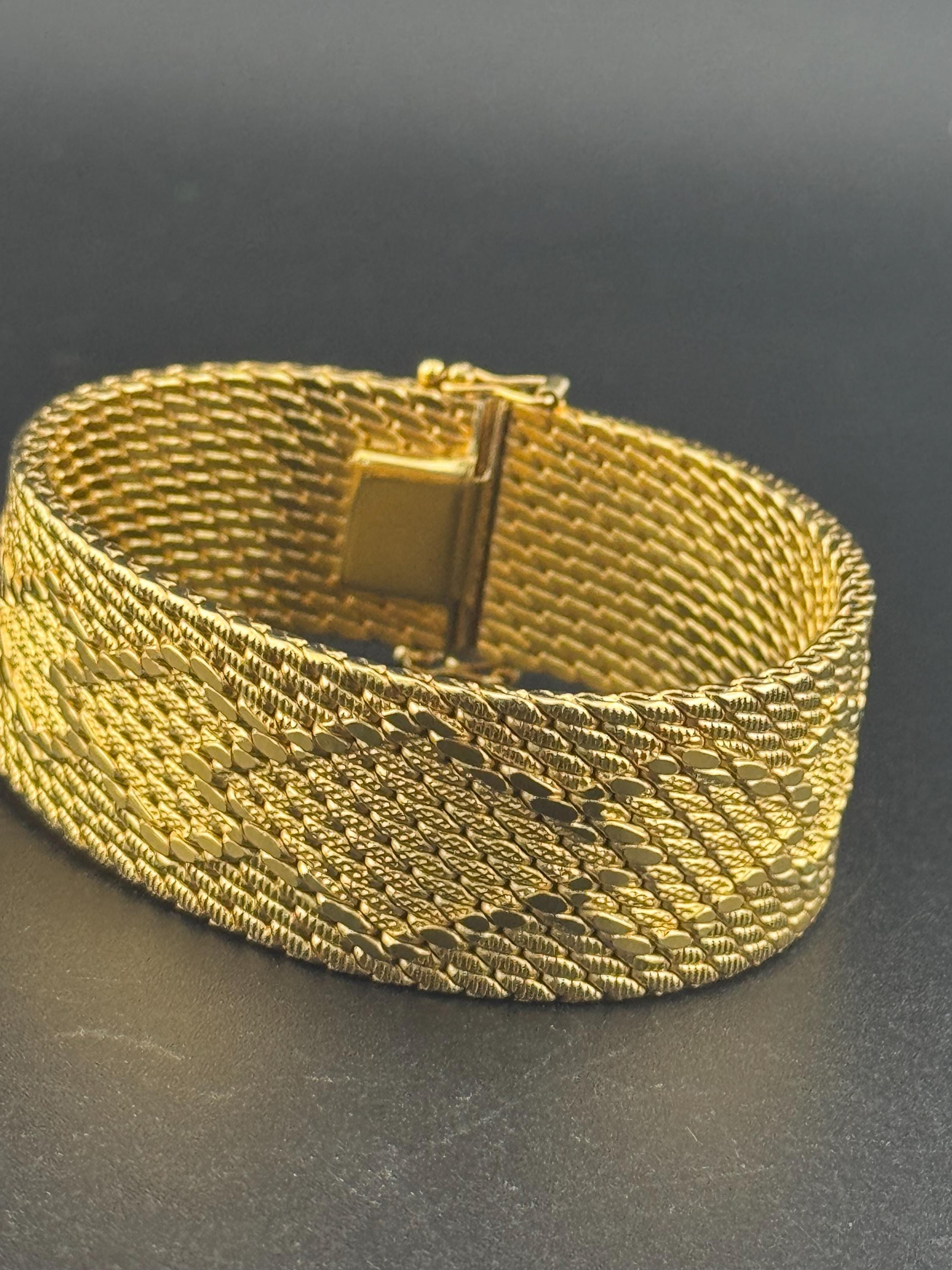 Signed CAL 1970s brutalist style gold plated woven gold tone flat weave cuff wrap bracelet 19cm x 21mm
