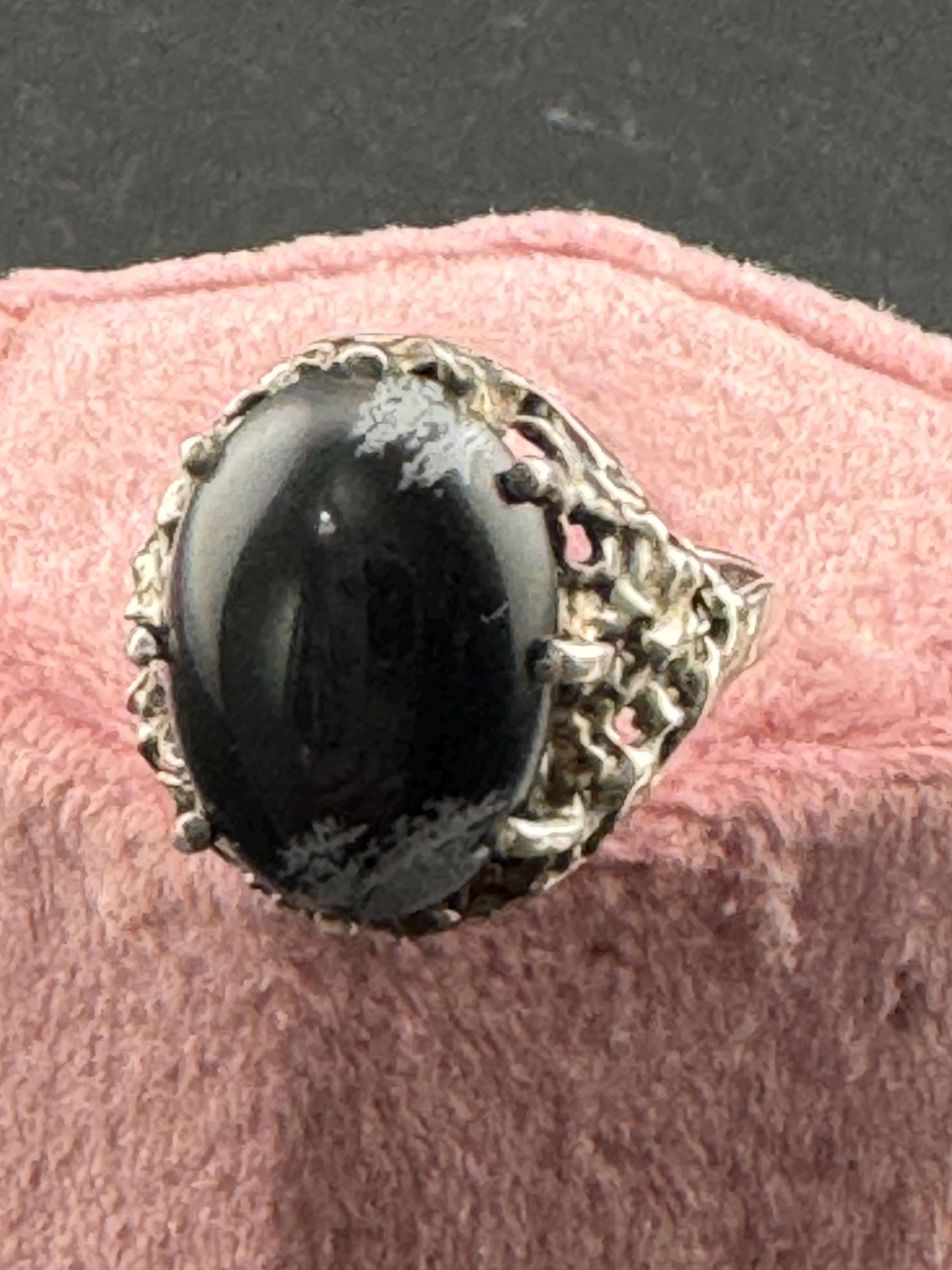 Size O Vintage 925 sterling silver black onyx gemstone ring , brutalist modernist 1970s