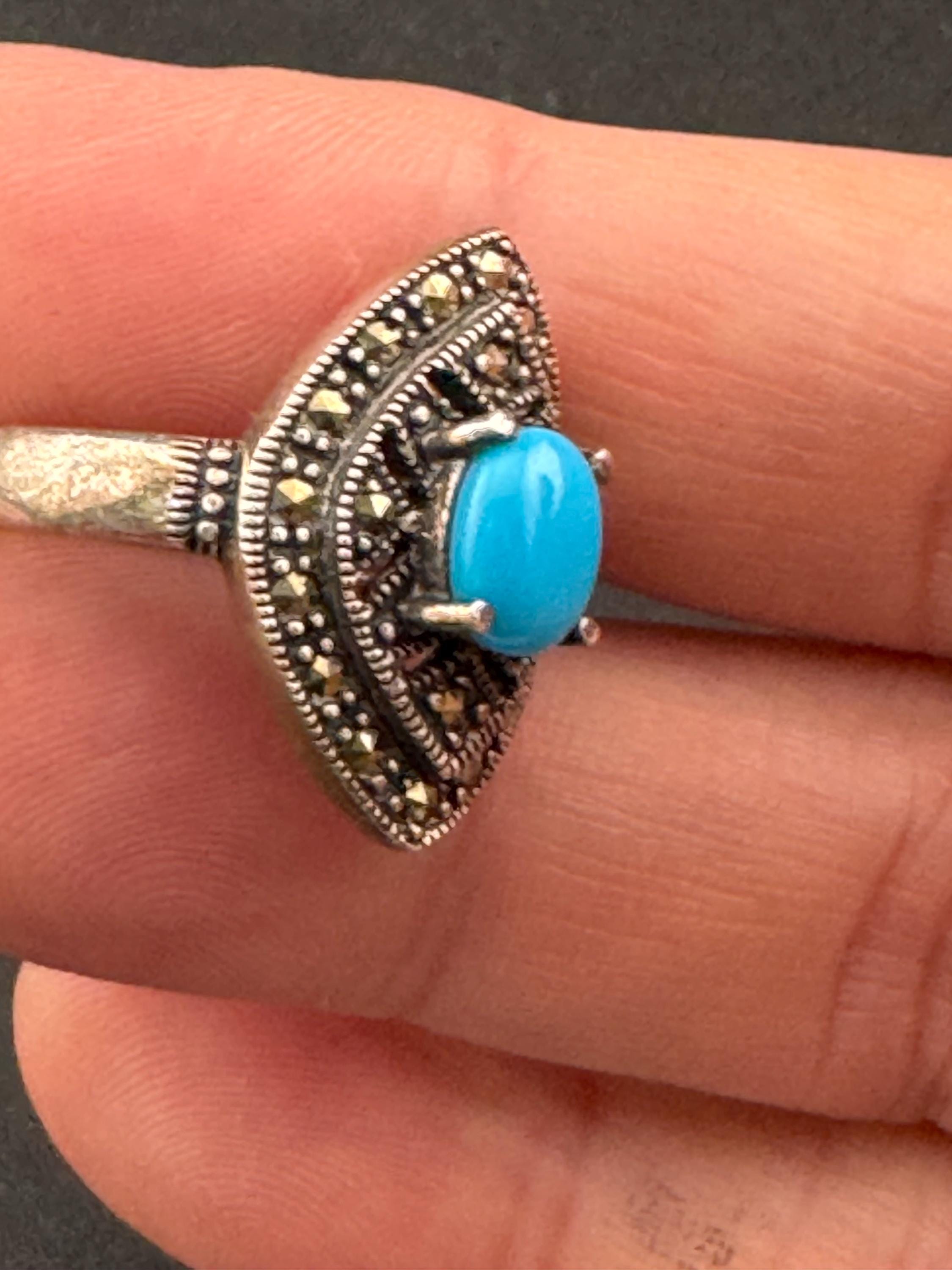 925 sterling silver marcasite blue turquoise gemstone dress ring size P 6.6 grams