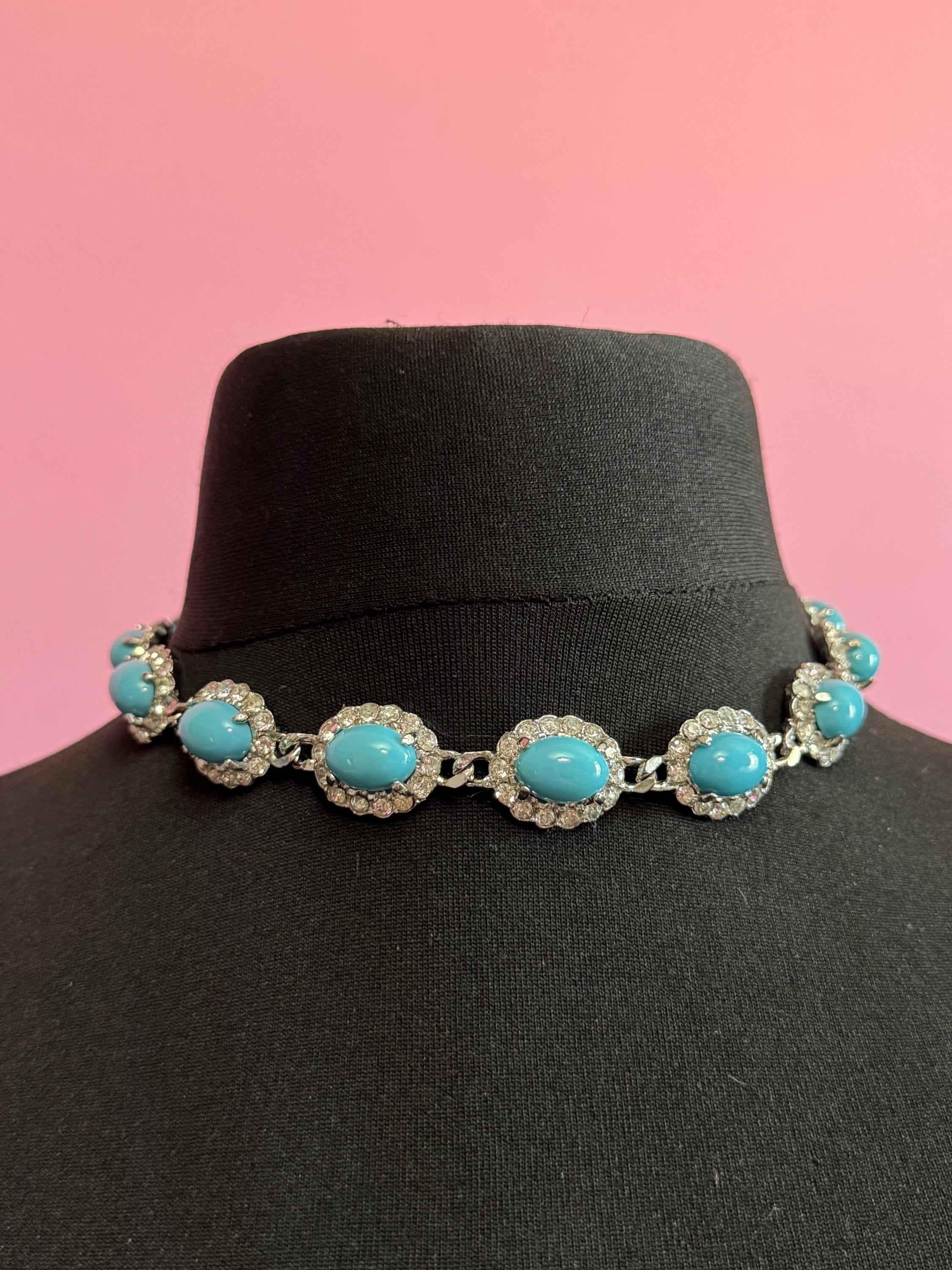 Vintage 1980s silver tone diamanté crystal choker necklace with turquoise glass cabochon 38 - 46cm