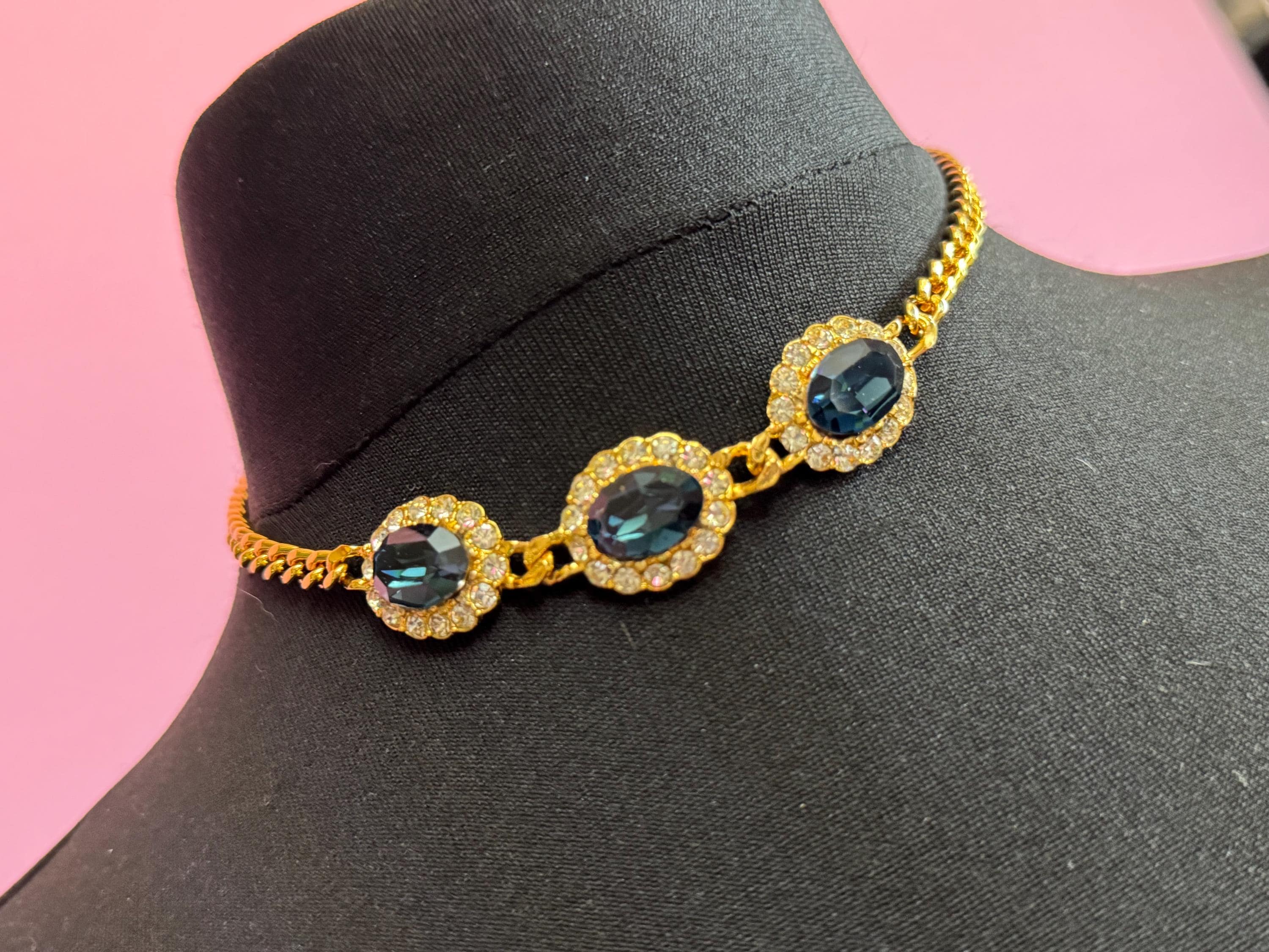 Vintage 1980s Swarovski crystal set sapphire blue and clear diamanté oval necklace gold tone high end old shop stock