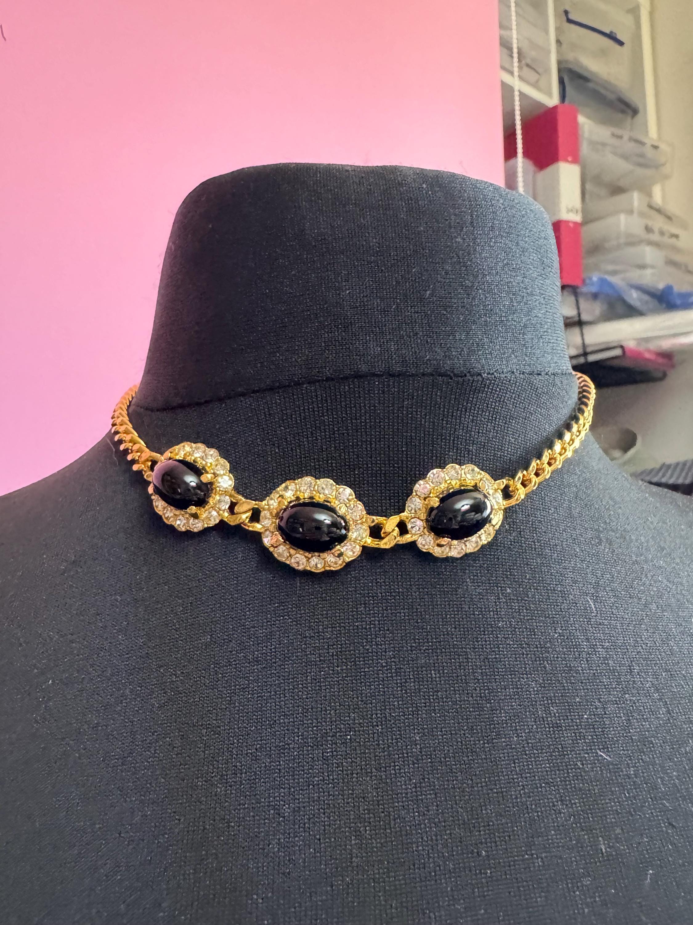Gold Tone curb chain link Choker necklace with 3 black oval cabochons 41cm old shop stock vintage Swarovski crystals