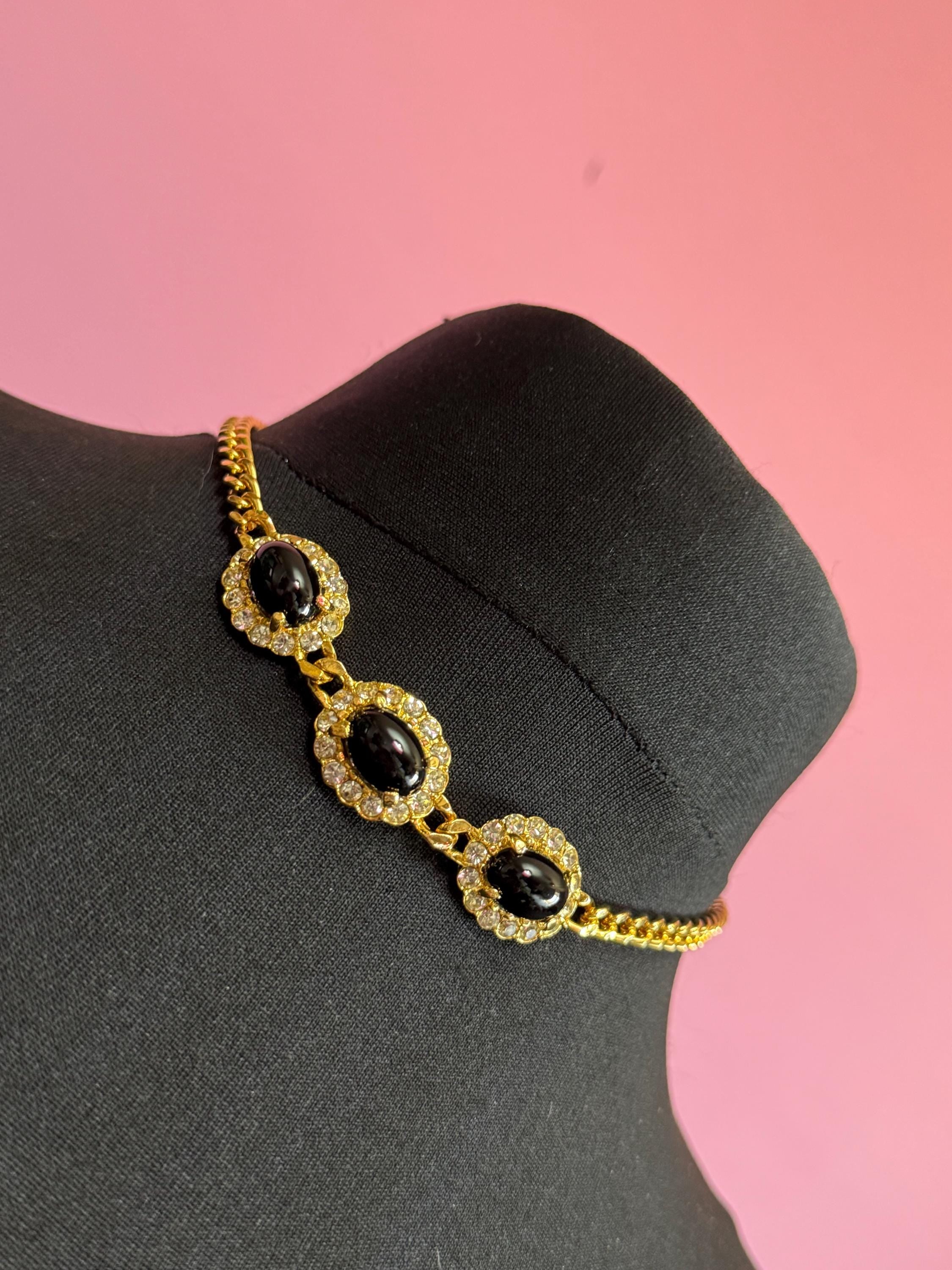 Gold Tone curb chain link Choker necklace with 3 black oval cabochons 41cm old shop stock vintage Swarovski crystals