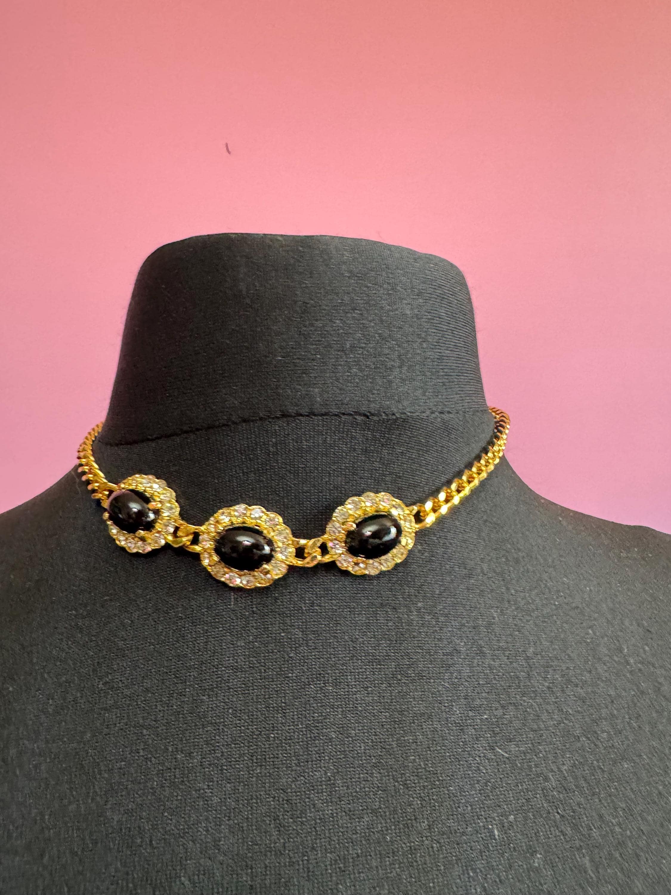 Gold Tone curb chain link Choker necklace with 3 black oval cabochons 41cm old shop stock vintage Swarovski crystals