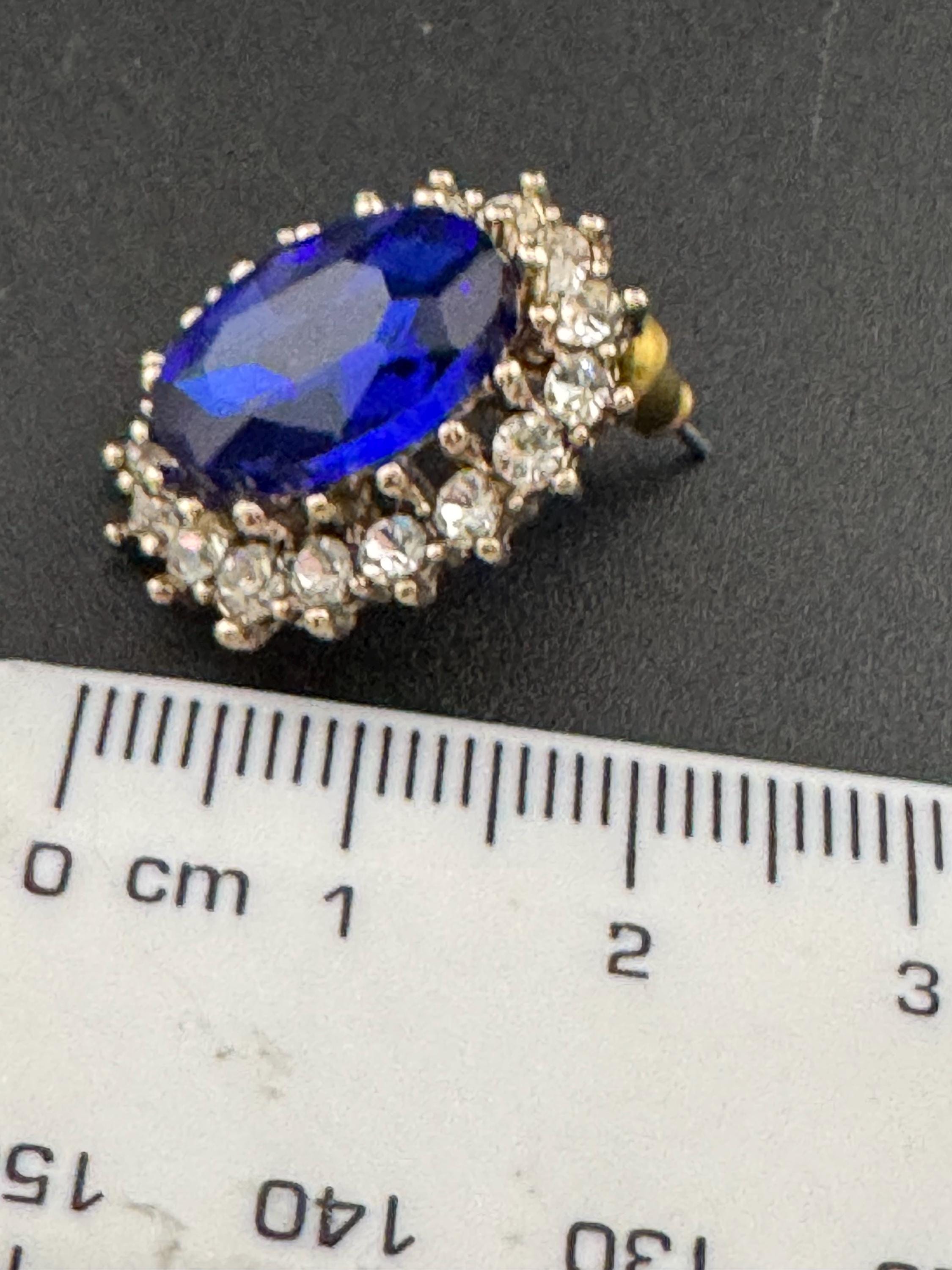 Retro Sapphire Blue Crystal pierced earrings rhinestone silver tone oval 2cm