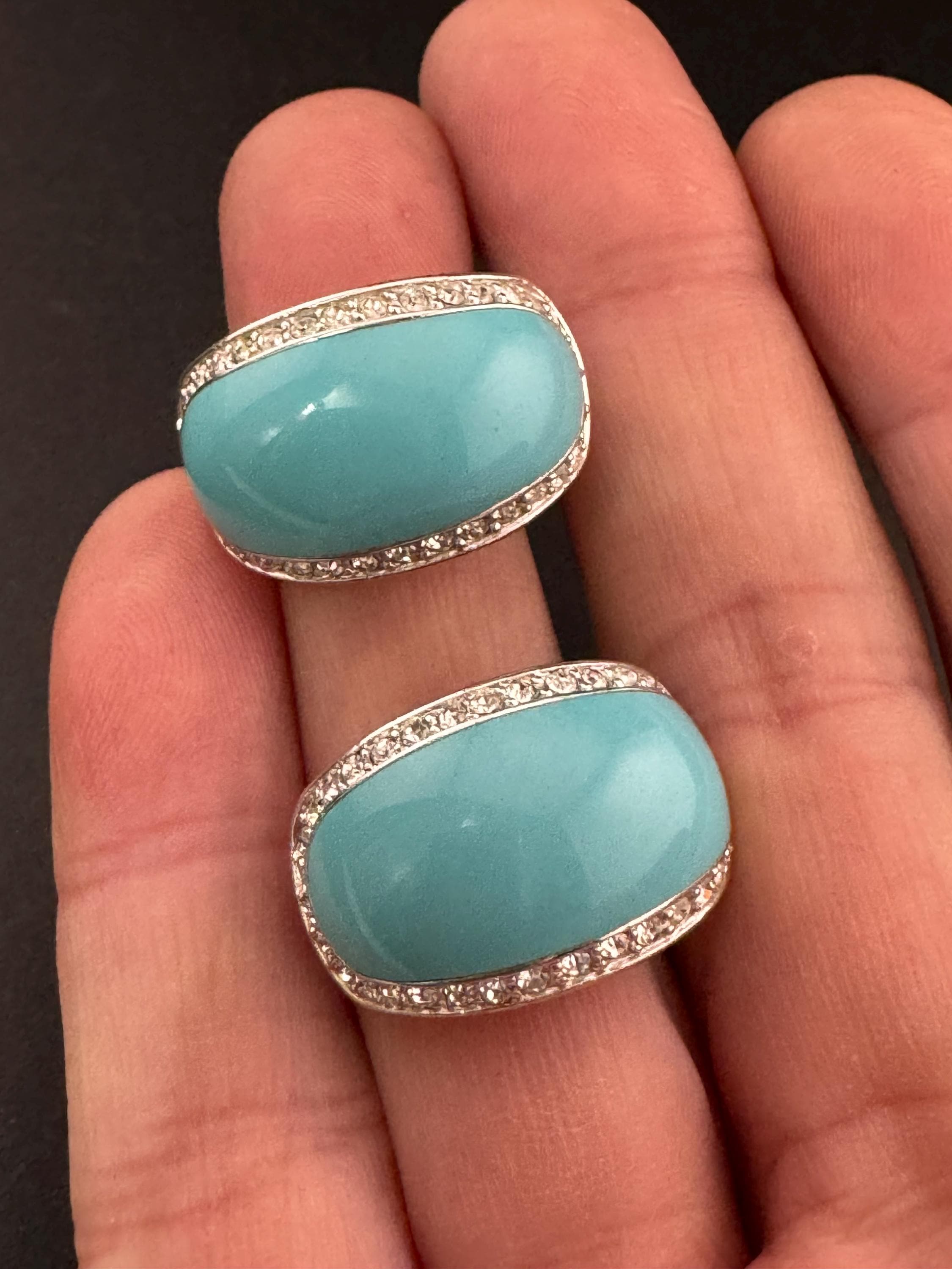 2cm clear and turquoise blue enamel crystal half hoop clip on earrings 1980s, vintage