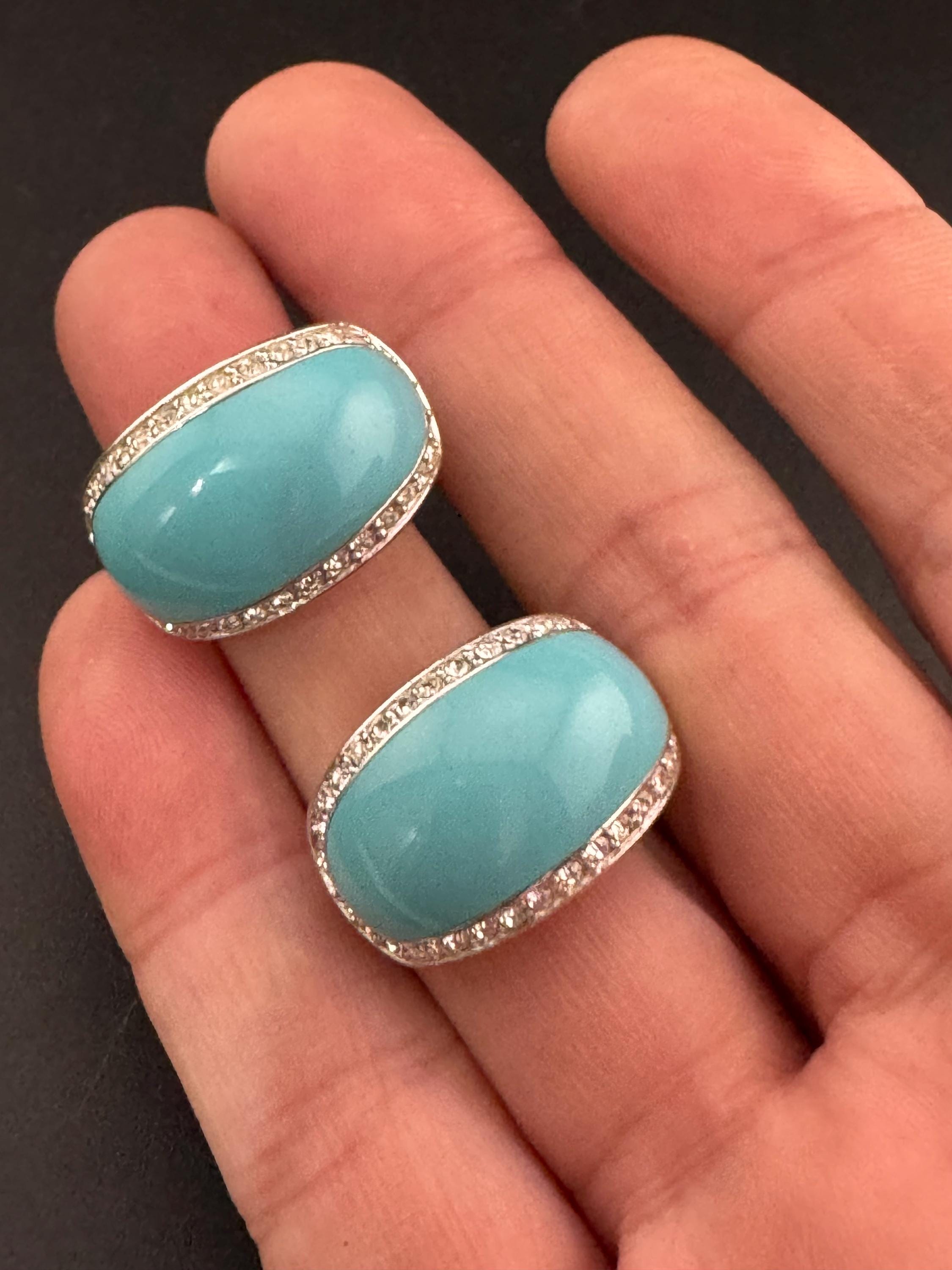 2cm clear and turquoise blue enamel crystal half hoop clip on earrings 1980s, vintage