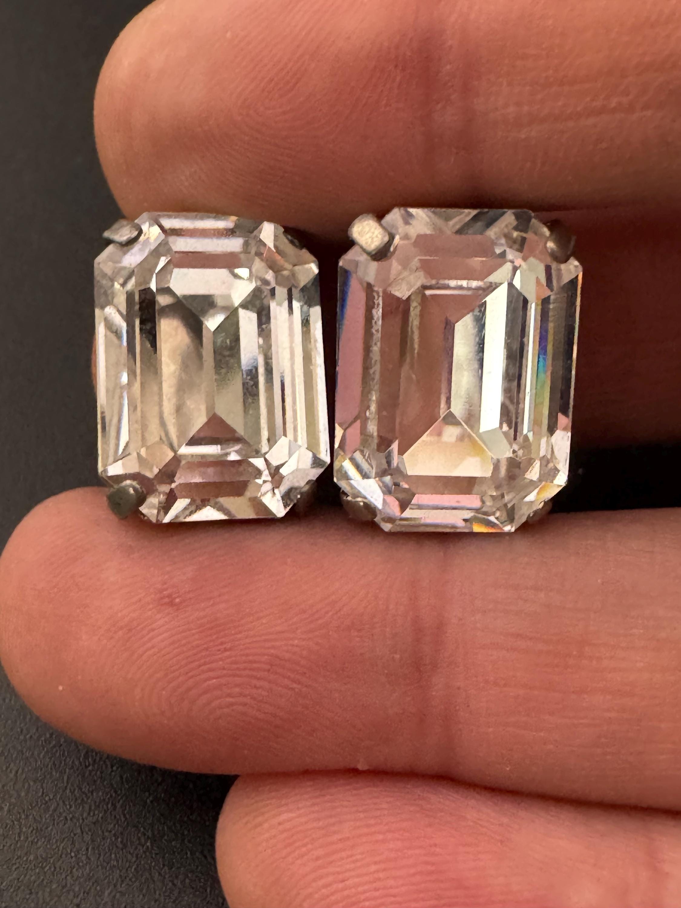 Vintage super sparkly octagonal Clip On Earrings clear Diamanté 1.5cm