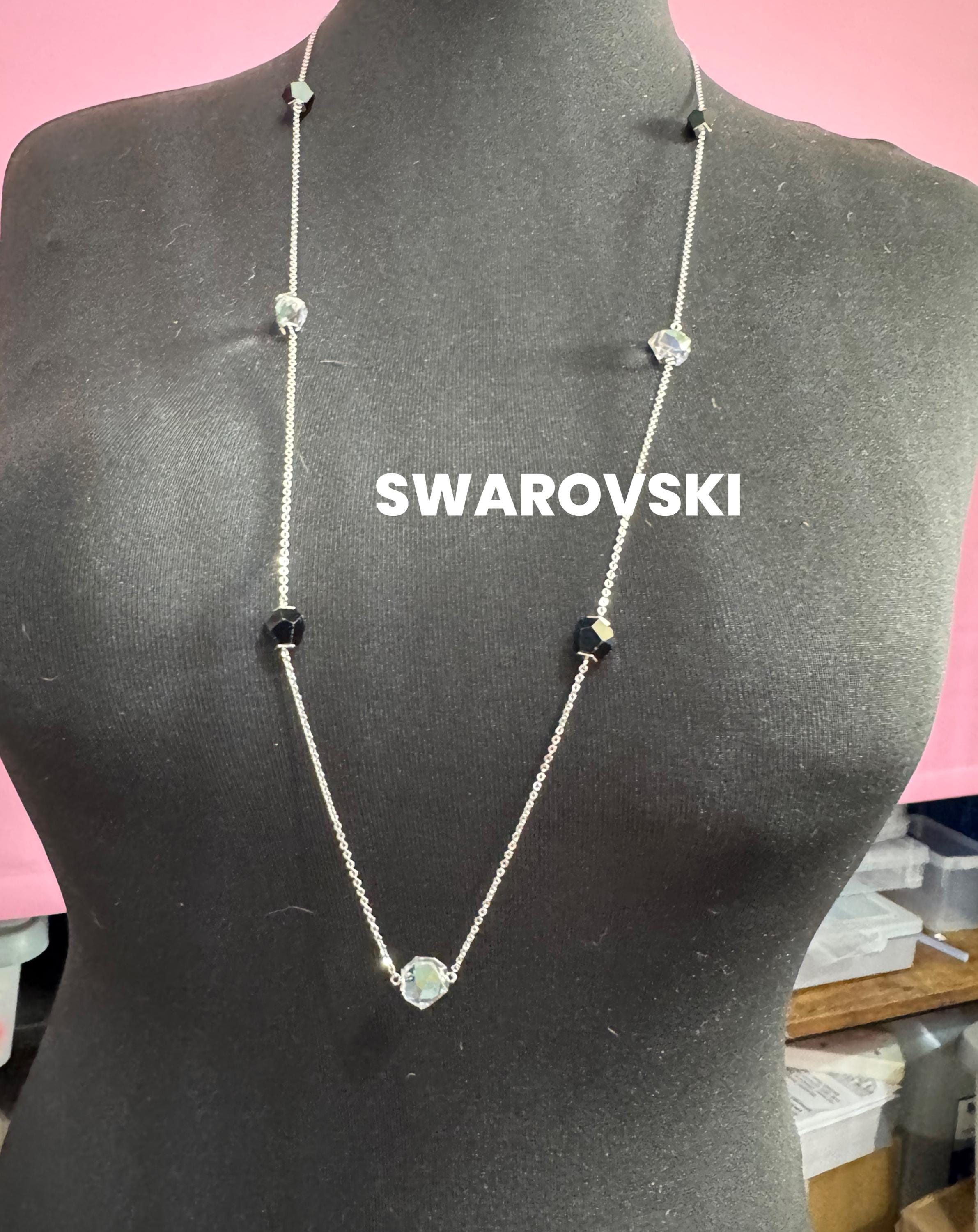 Signed Swarovski silver tone 92cm long beaded  black and clear crystal diamanté designer necklace