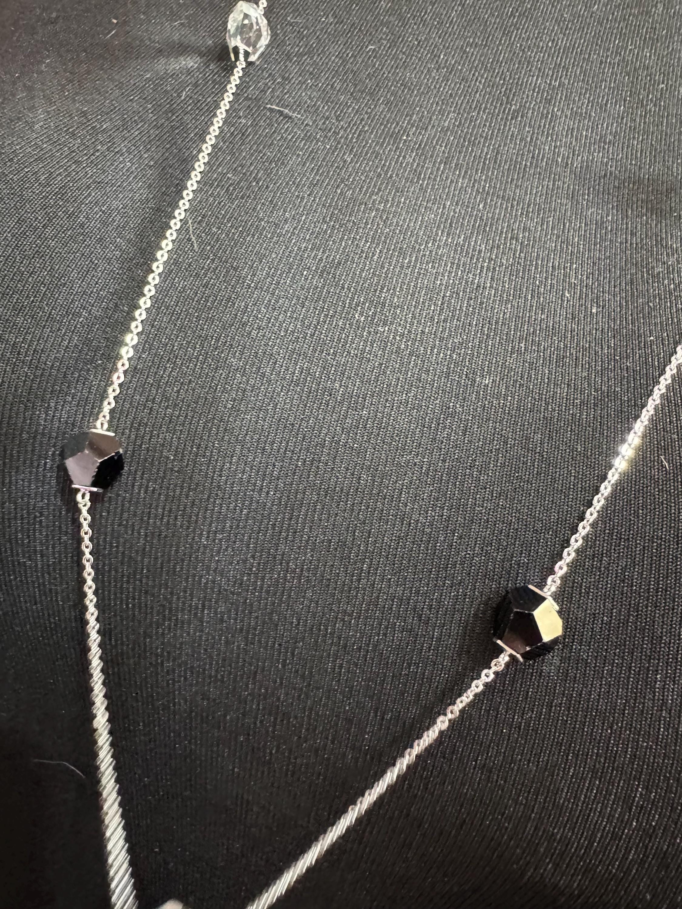 Signed Swarovski silver tone 92cm long beaded  black and clear crystal diamanté designer necklace