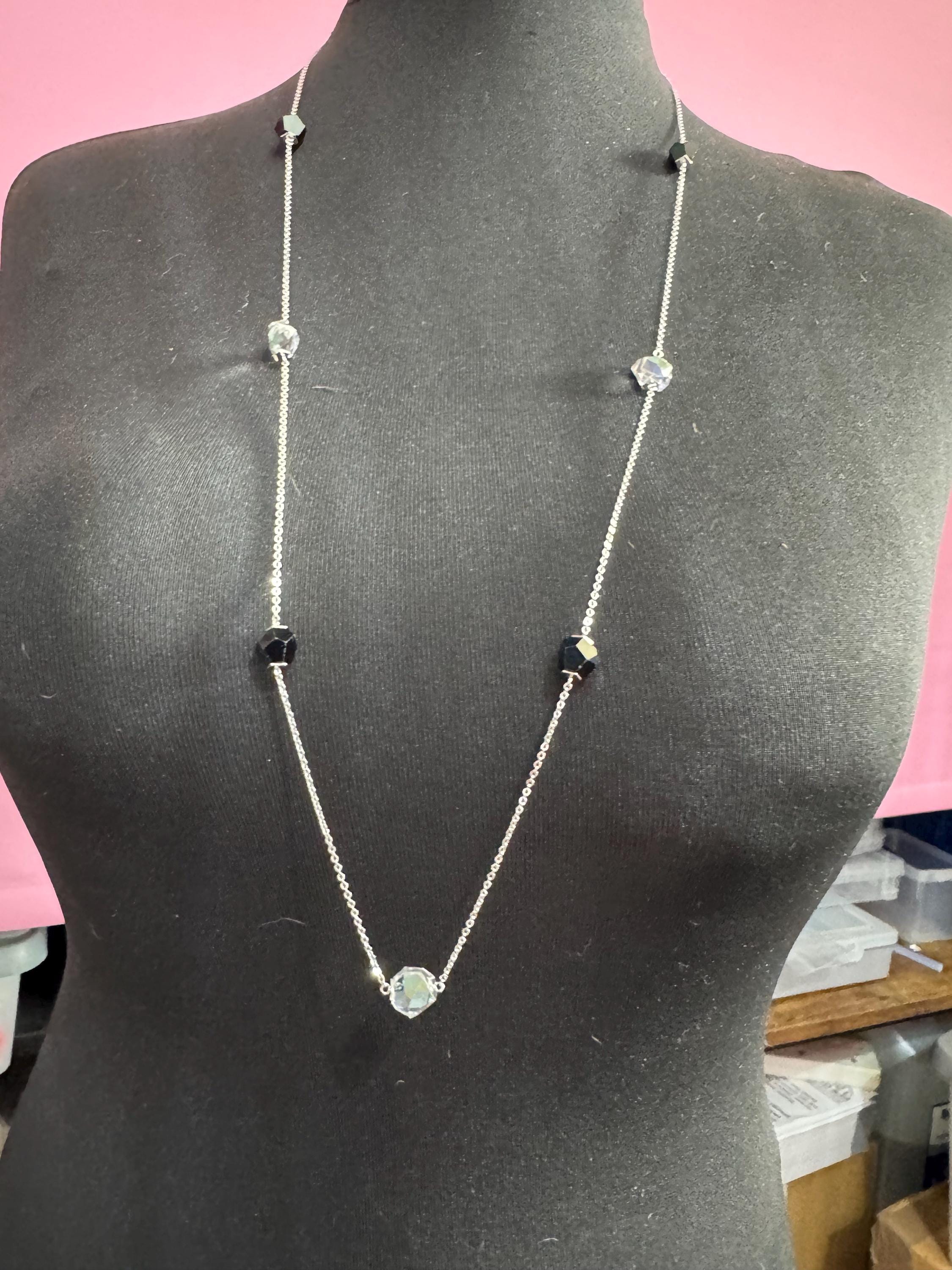 Signed Swarovski silver tone 92cm long beaded  black and clear crystal diamanté designer necklace