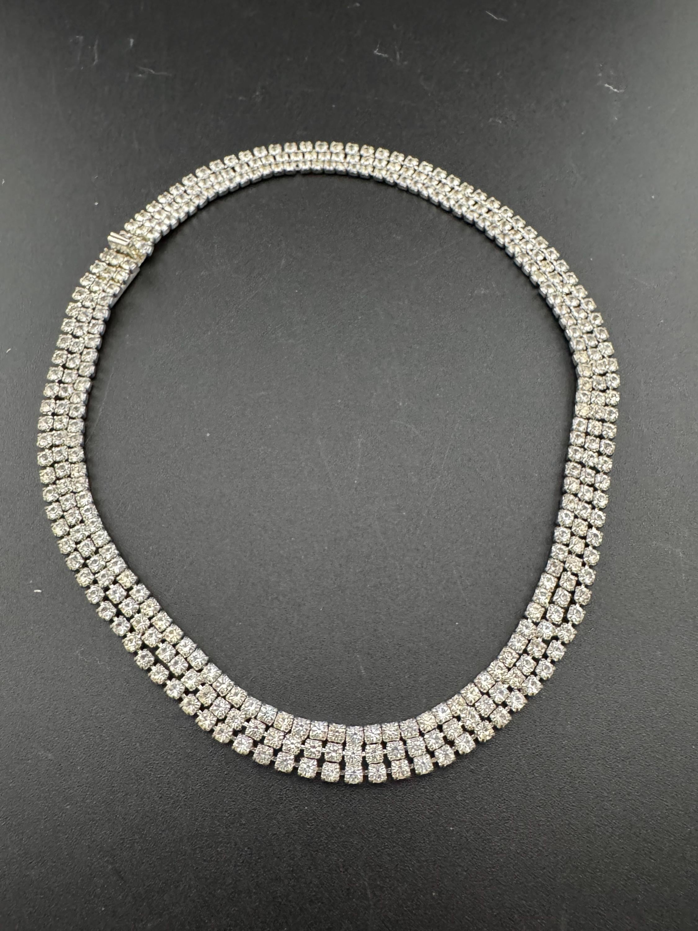 Slim neck petite Vintage clear diamanté rhinestone crystal silver tone choker necklace mid century