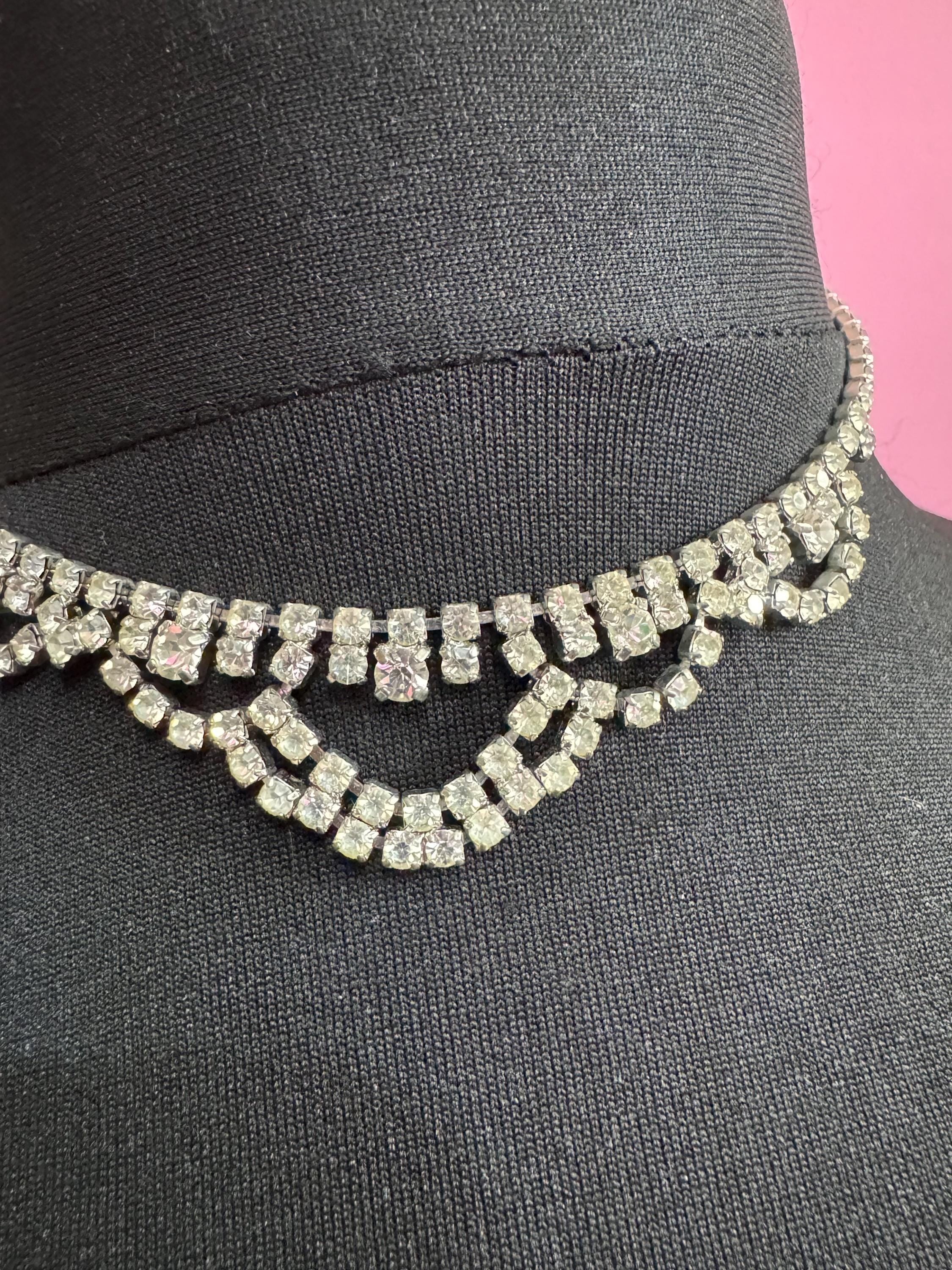 Slim neck petite 39cm Vintage clear diamanté rhinestone crystal silver tone choker necklace mid century