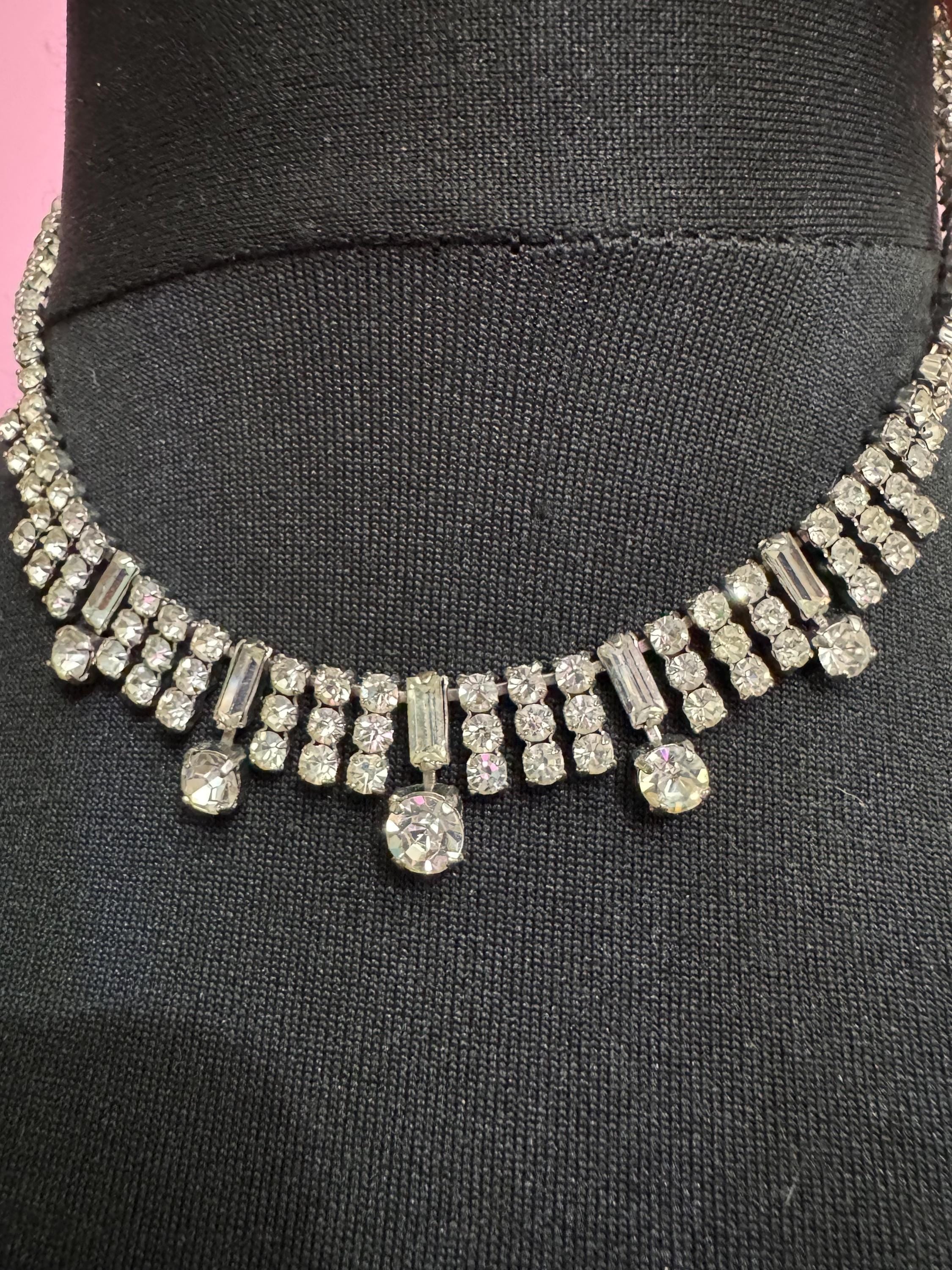 Slim neck petite 39cm Vintage clear diamanté baguette rhinestone crystal silver tone choker necklace mid century