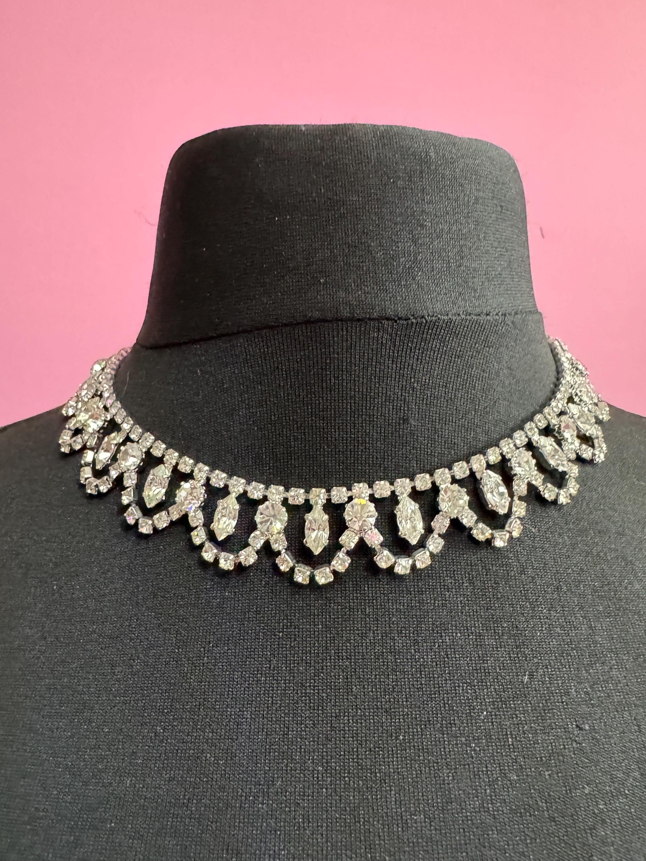 43cm Vintage clear diamanté wide rhinestone crystal silver tone choker necklace mid century