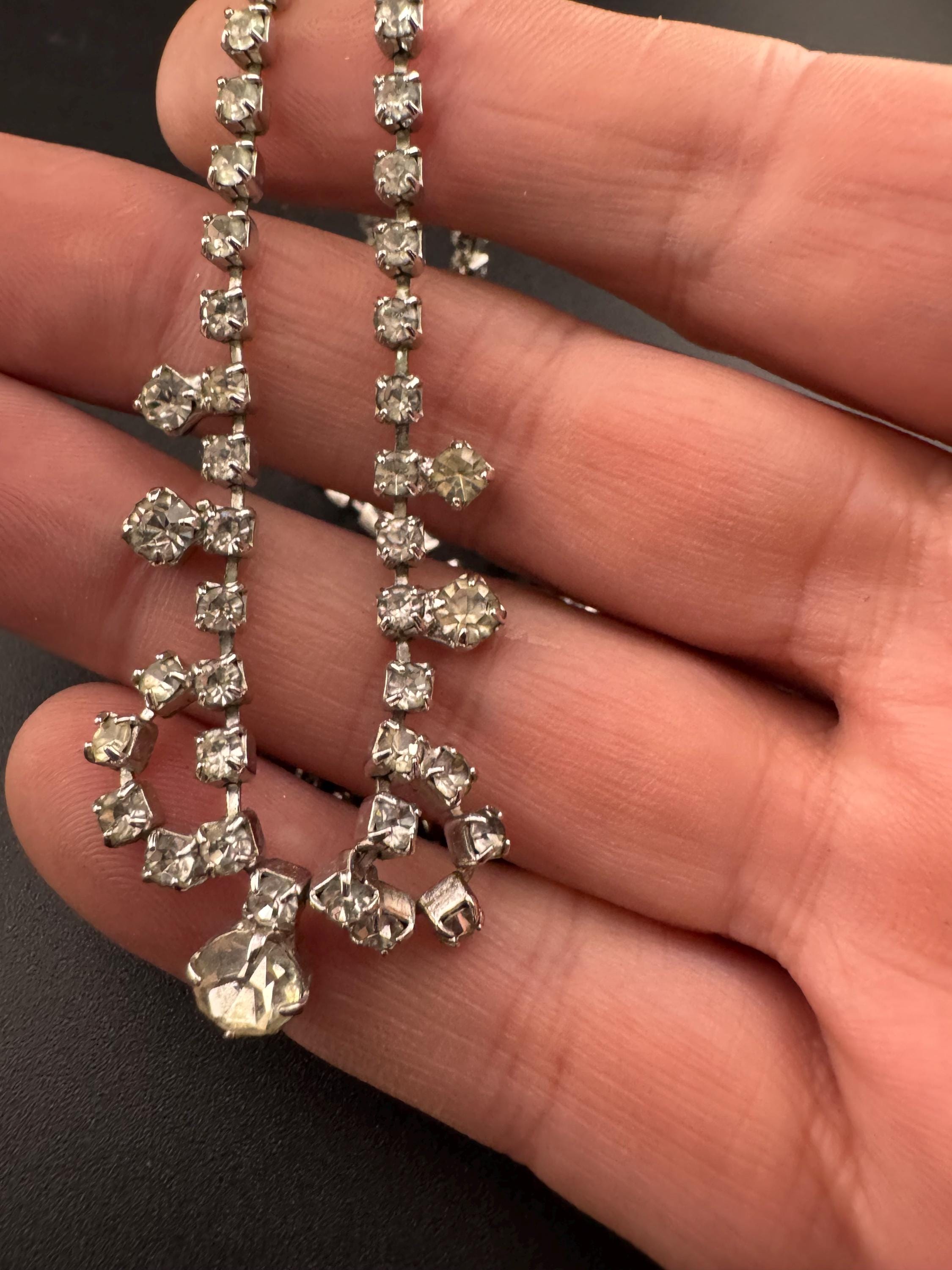 42cm Vintage clear diamanté sparkly rhinestone crystal silver tone choker necklace mid century