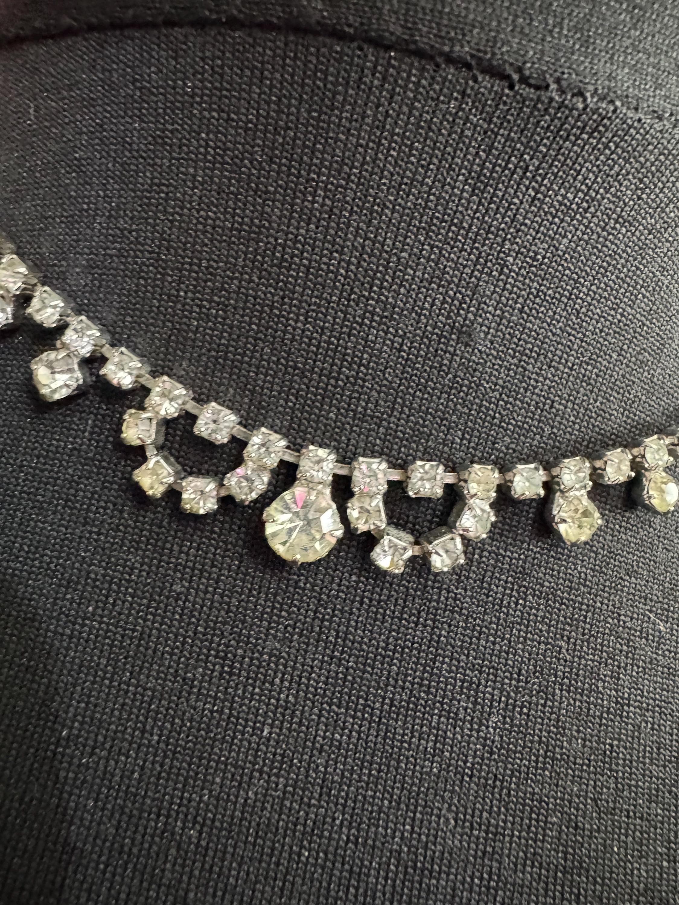42cm Vintage clear diamanté sparkly rhinestone crystal silver tone choker necklace mid century