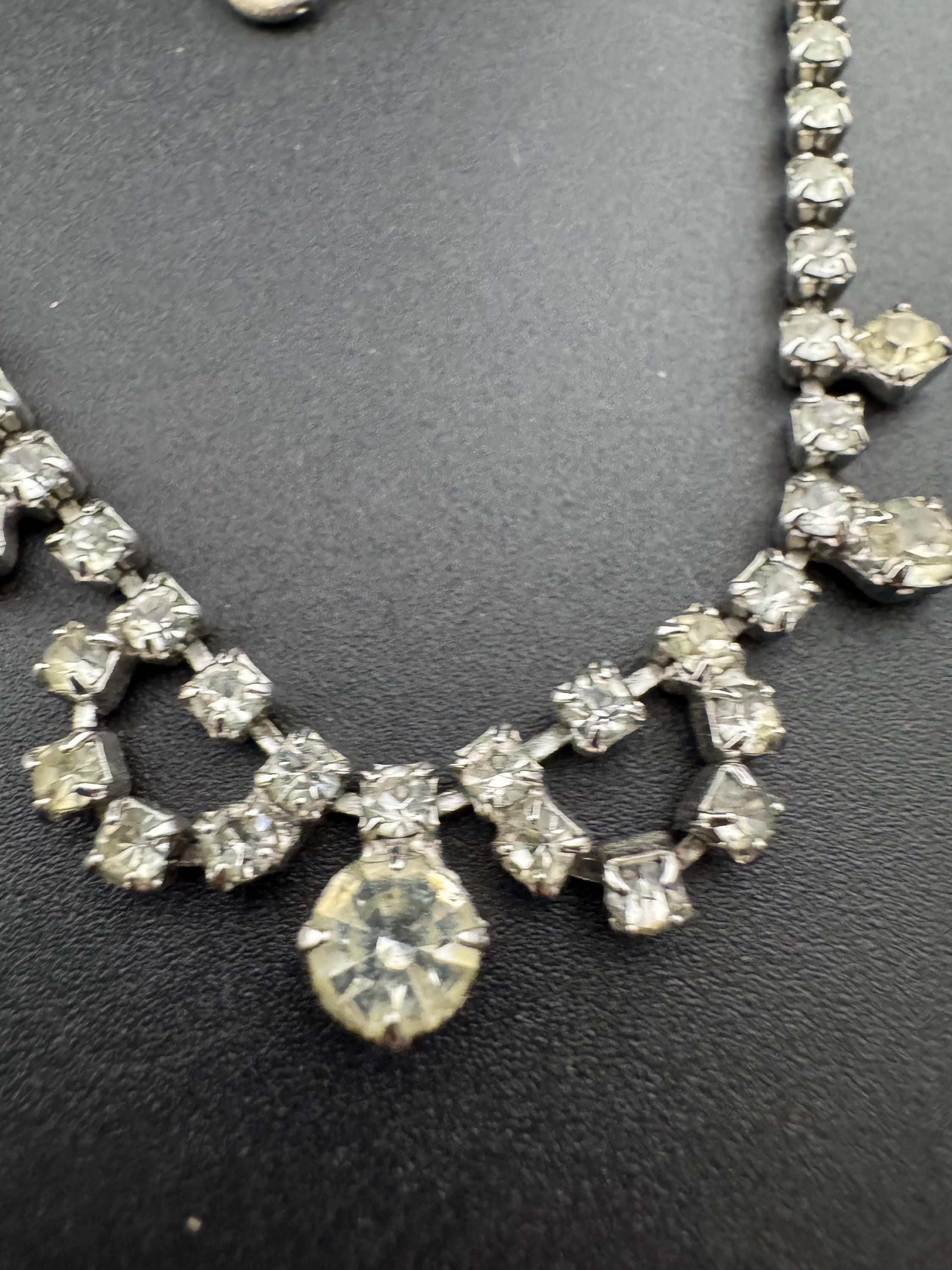 42cm Vintage clear diamanté sparkly rhinestone crystal silver tone choker necklace mid century