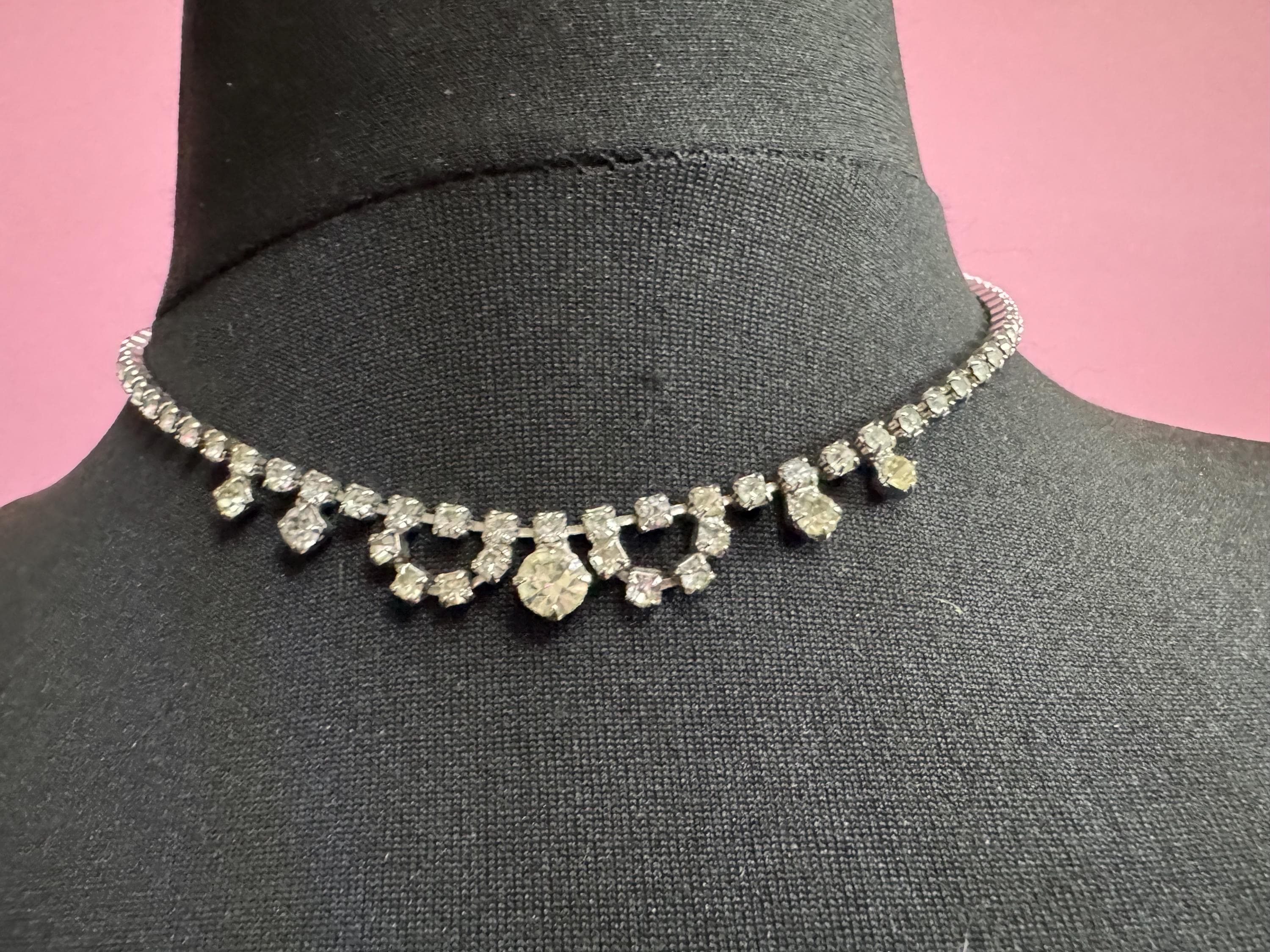42cm Vintage clear diamanté sparkly rhinestone crystal silver tone choker necklace mid century