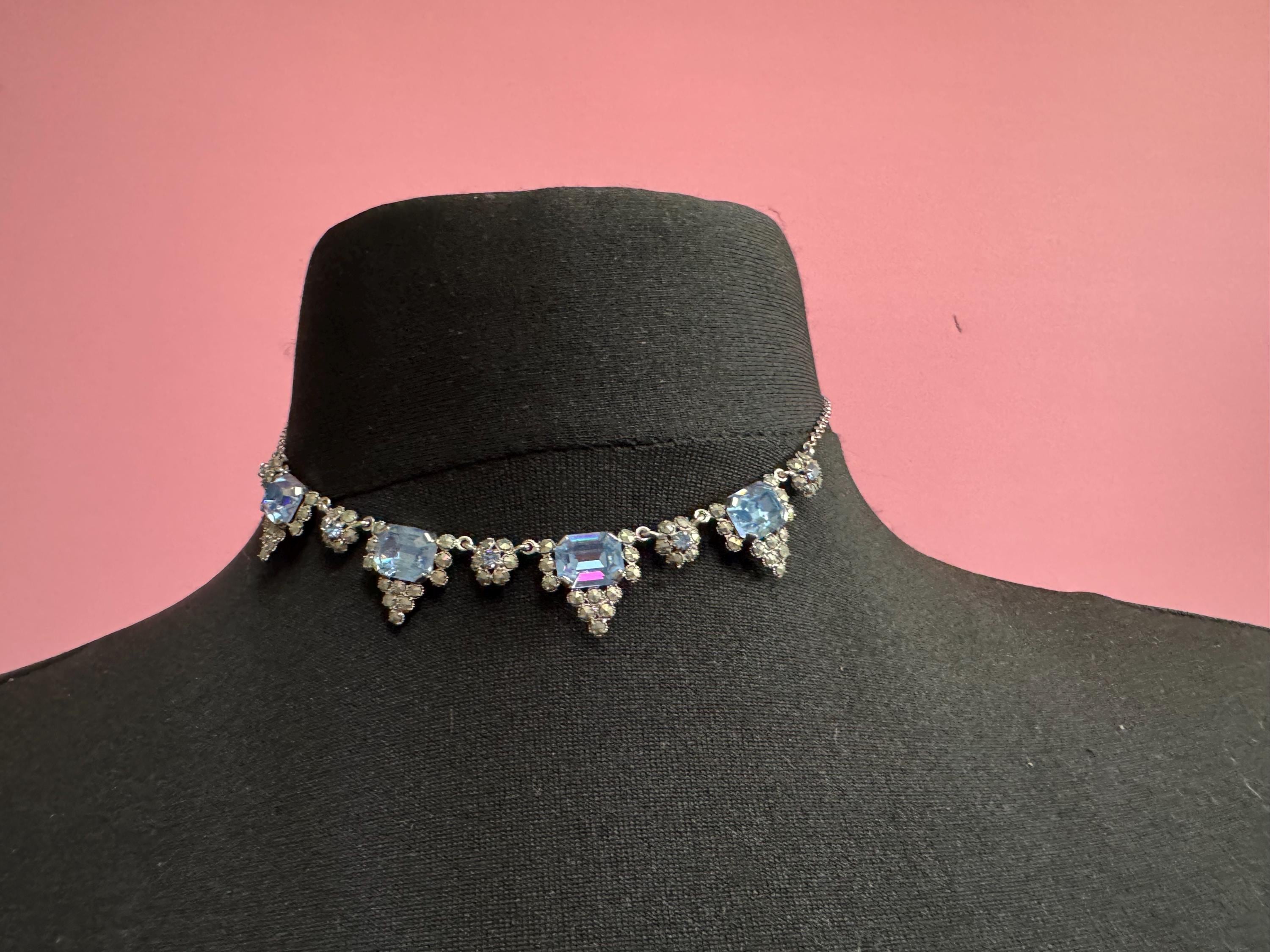 Petite 39cm Art Deco chromed crystal blue aquamarine coloured glass chrome backed marcasite collar necklace 1920s