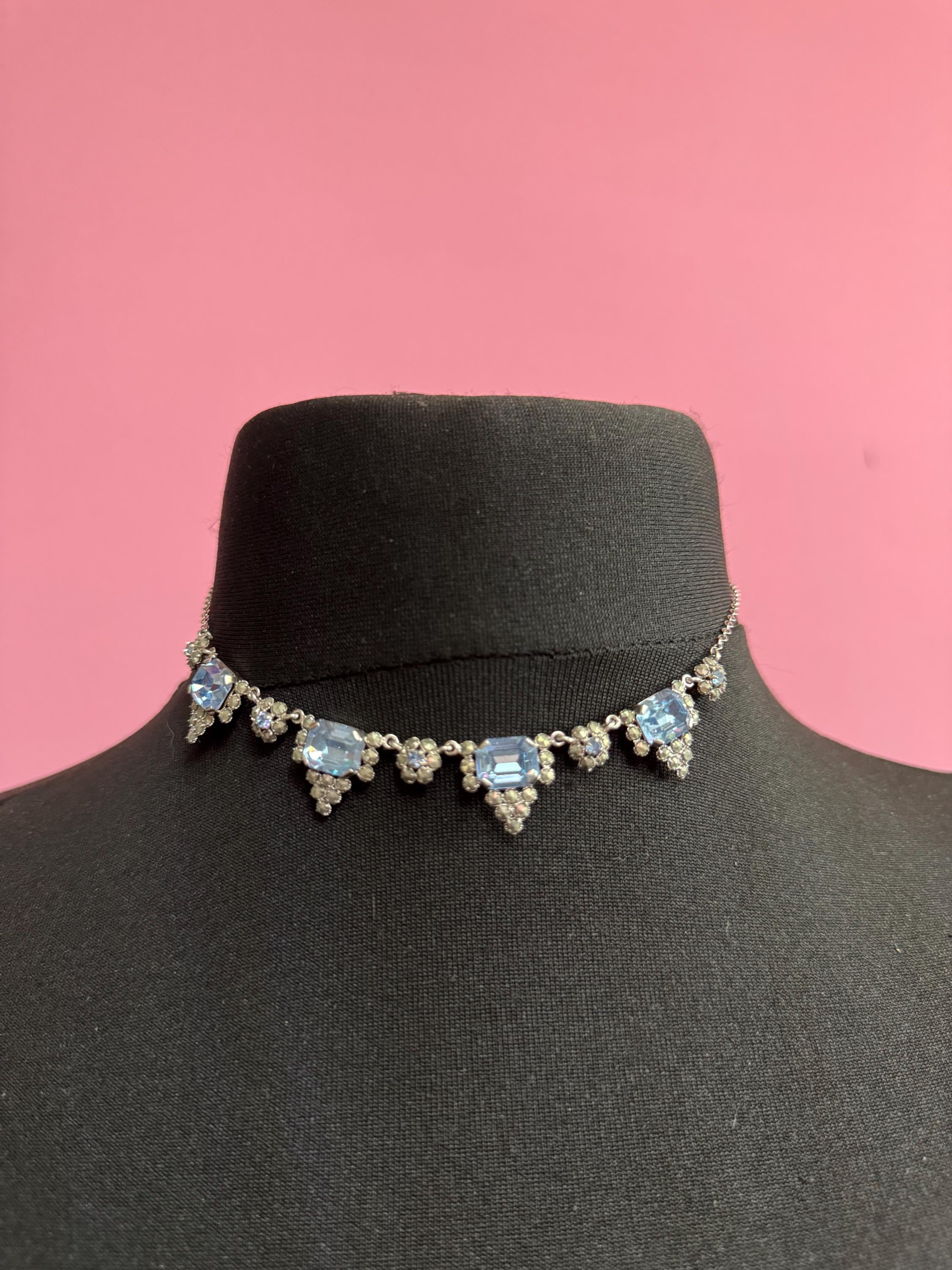 Art Deco Aquamarine Glass Collar Necklace: Chromed Marcasite, 1920s